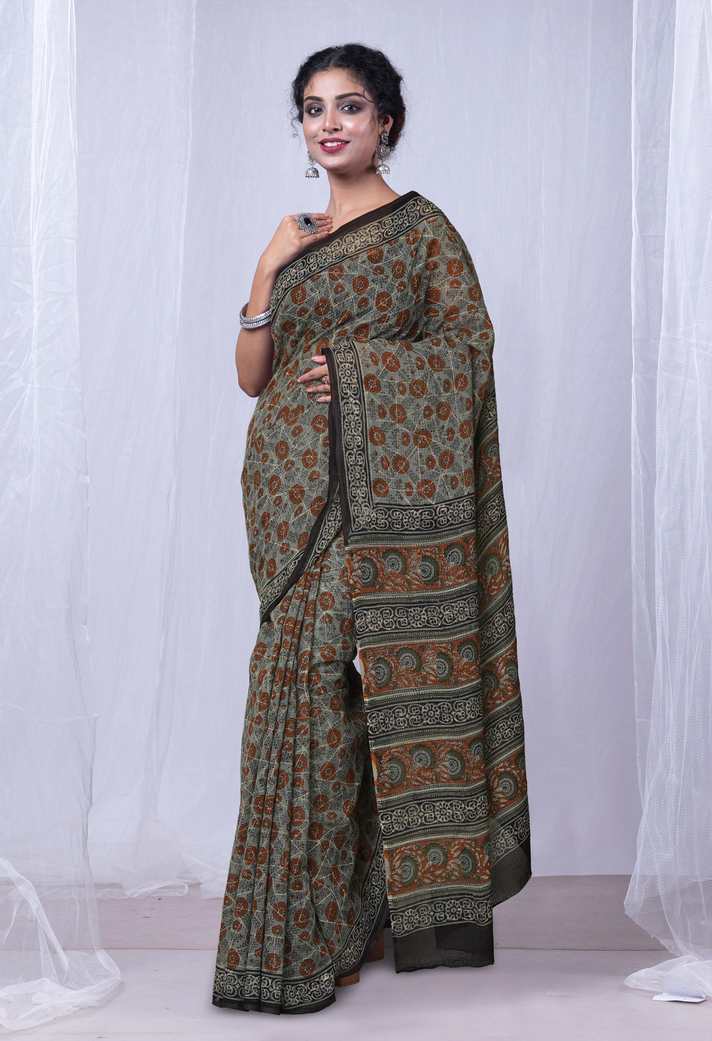 Blue Pure Discharge Bagru Printed Kota Saree-UNM81217