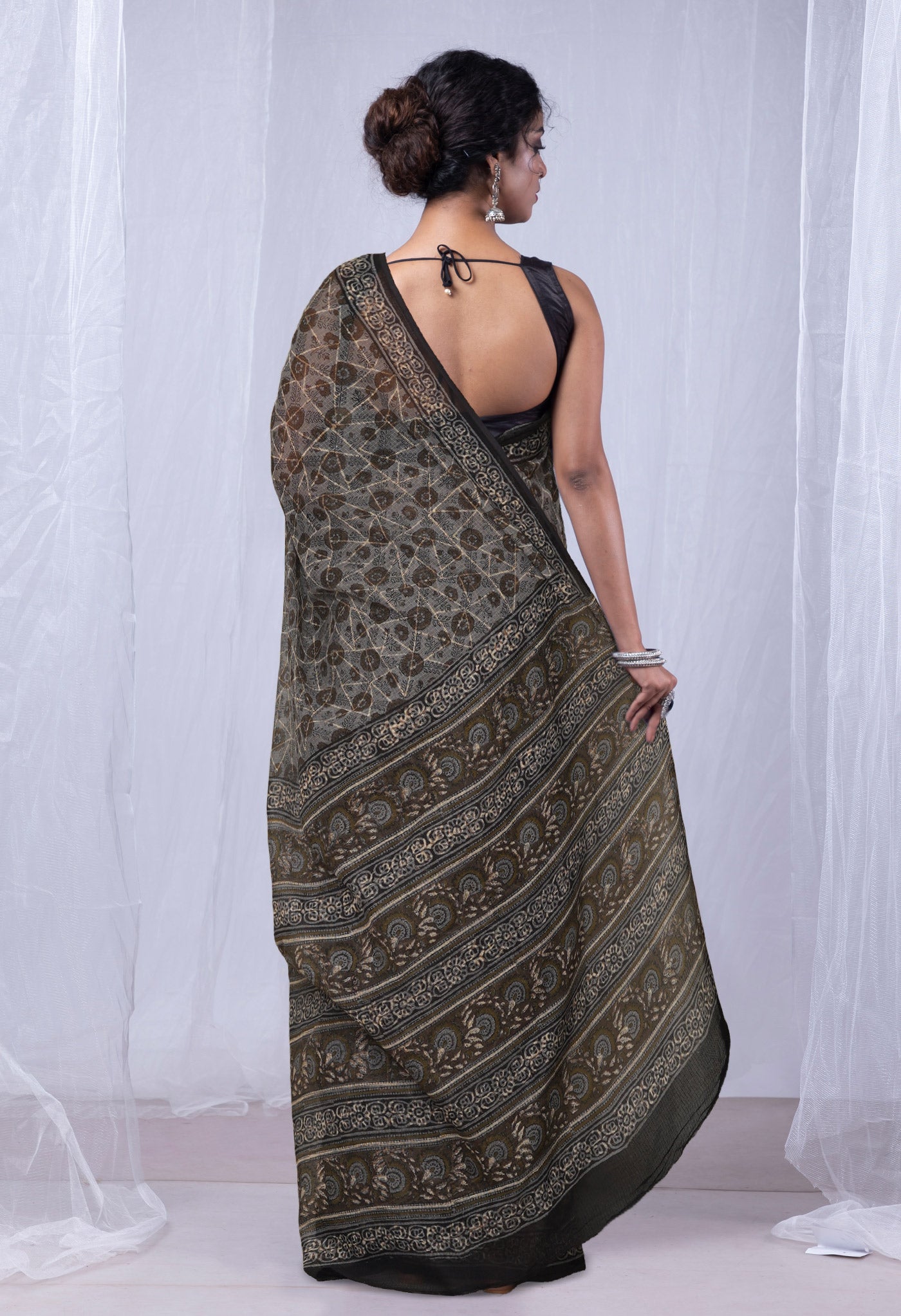 Grey Pure Discharge Bagru Printed Kota Saree-UNM81219