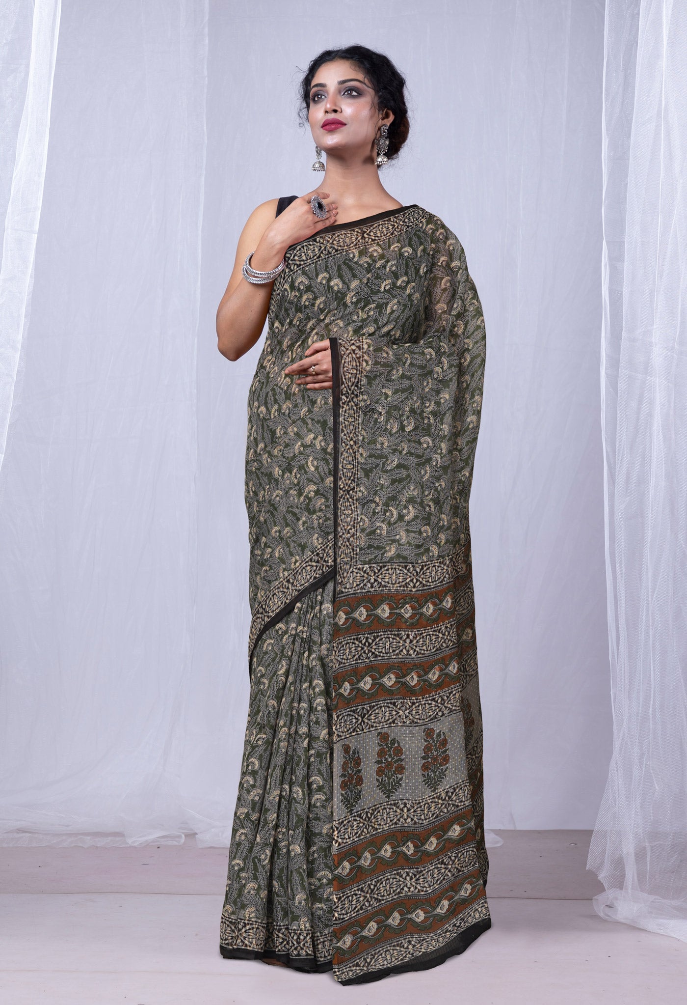 Green Pure Discharge Bagru Printed Kota Saree-UNM81222