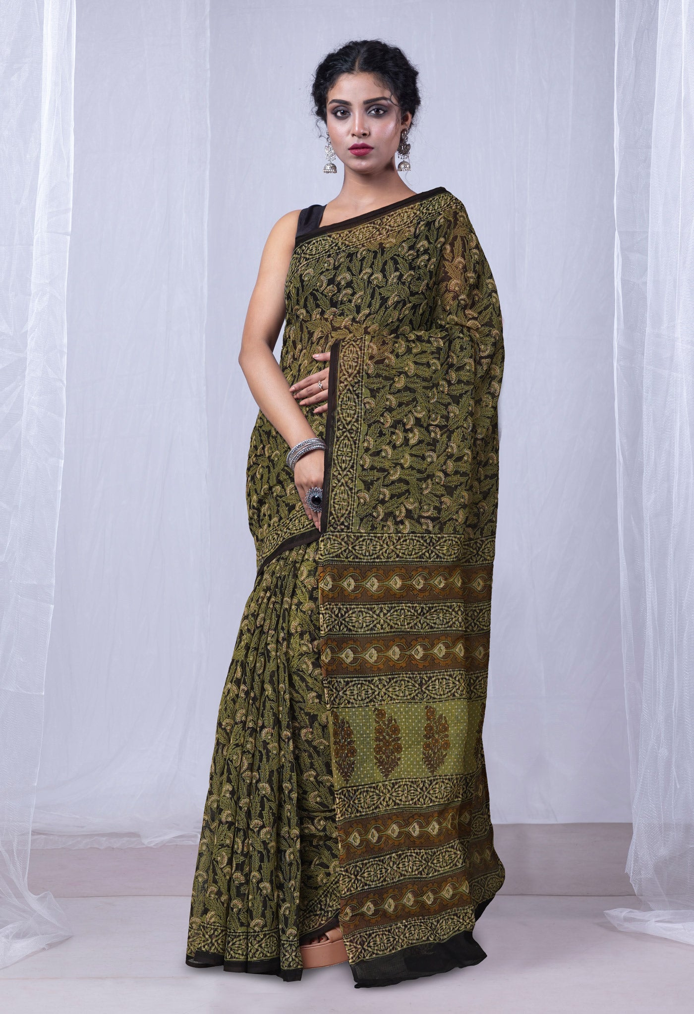 Black Pure Discharge Bagru Printed Kota Saree-UNM81223