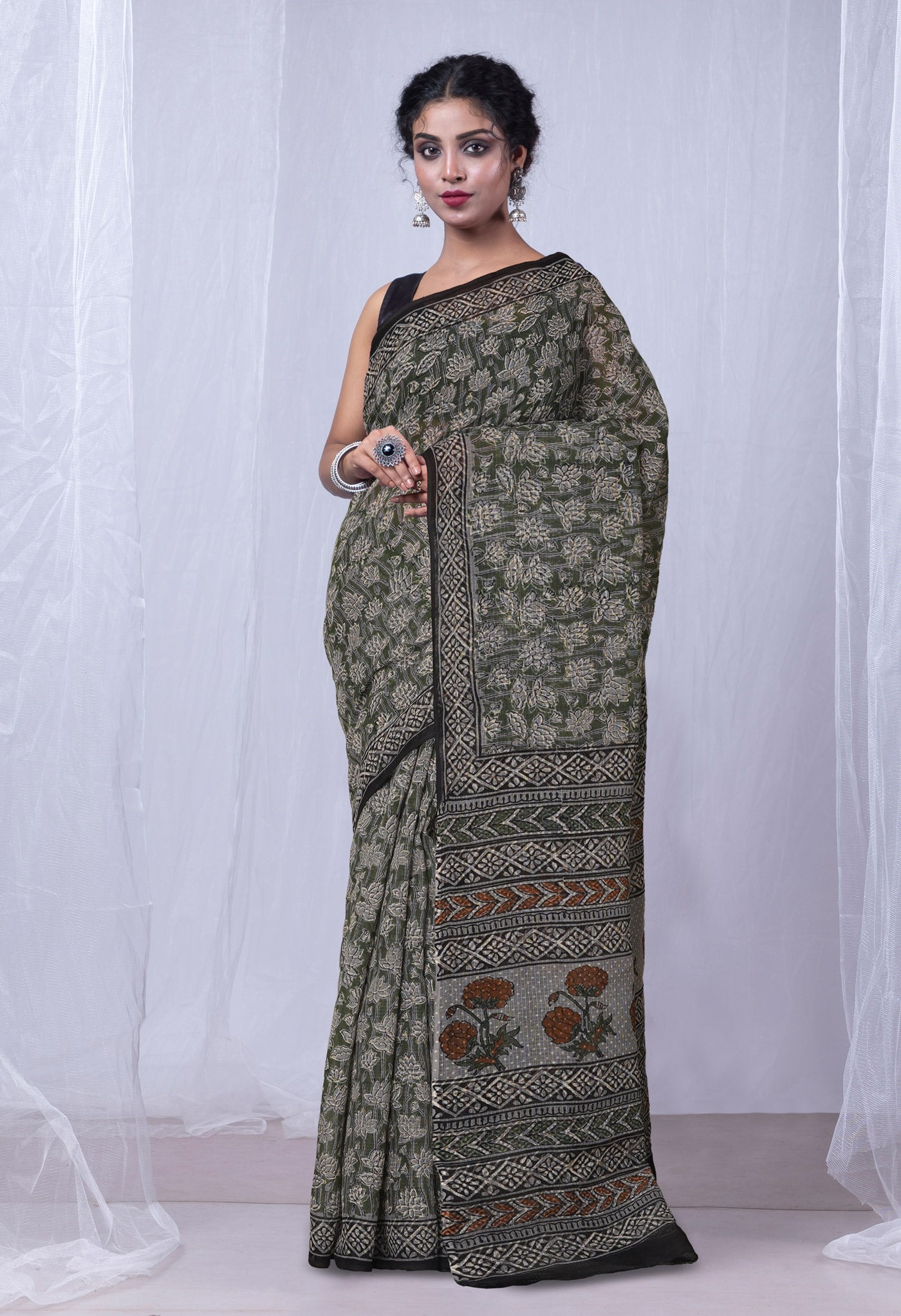 Green Pure Discharge Bagru Printed Kota Saree-UNM81225