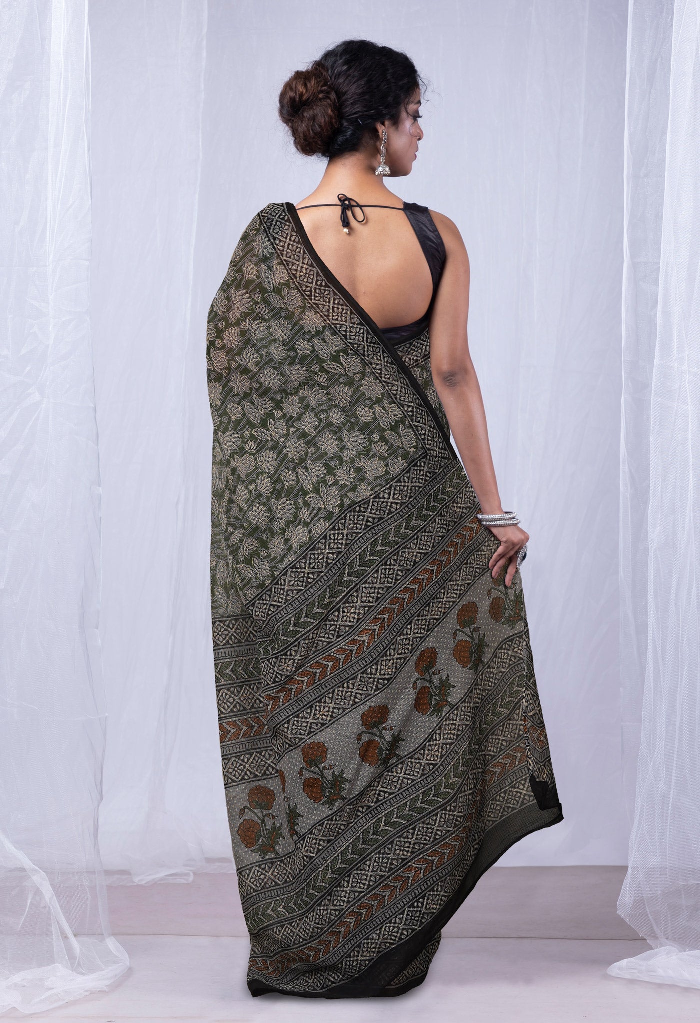 Green Pure Discharge Bagru Printed Kota Saree-UNM81225