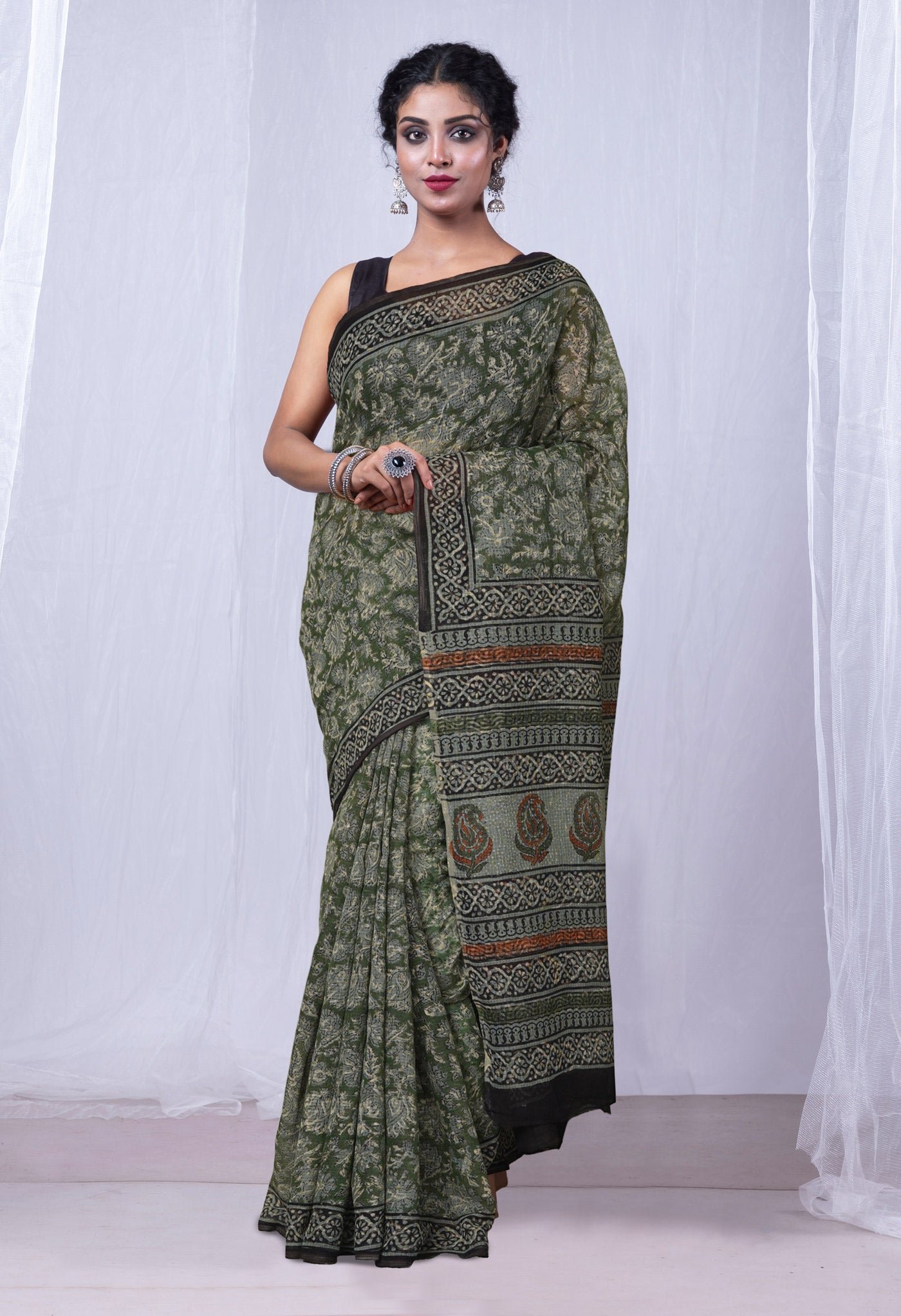 Green Pure Discharge Bagru Printed Kota Saree-UNM81231