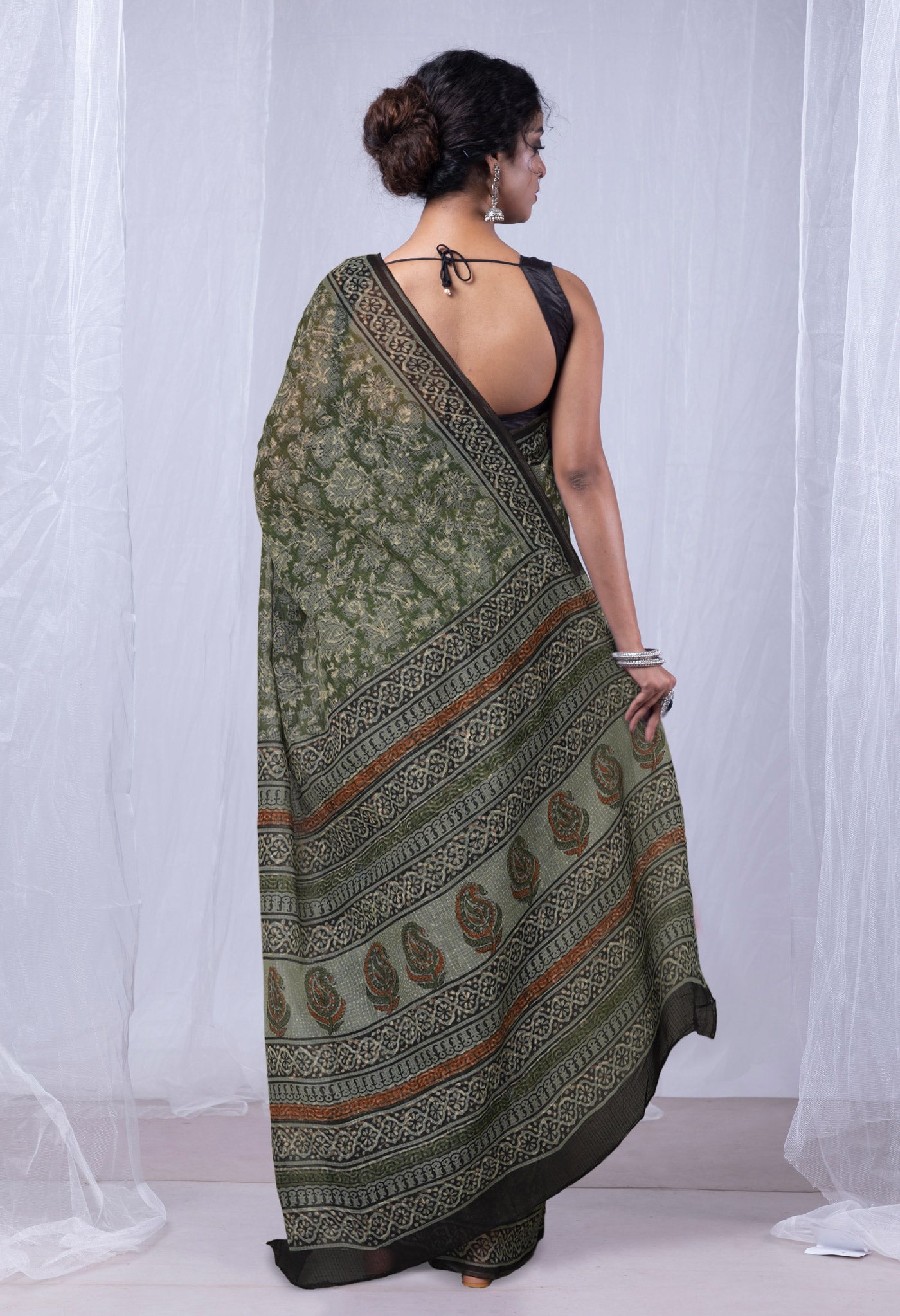 Green Pure Discharge Bagru Printed Kota Saree-UNM81231