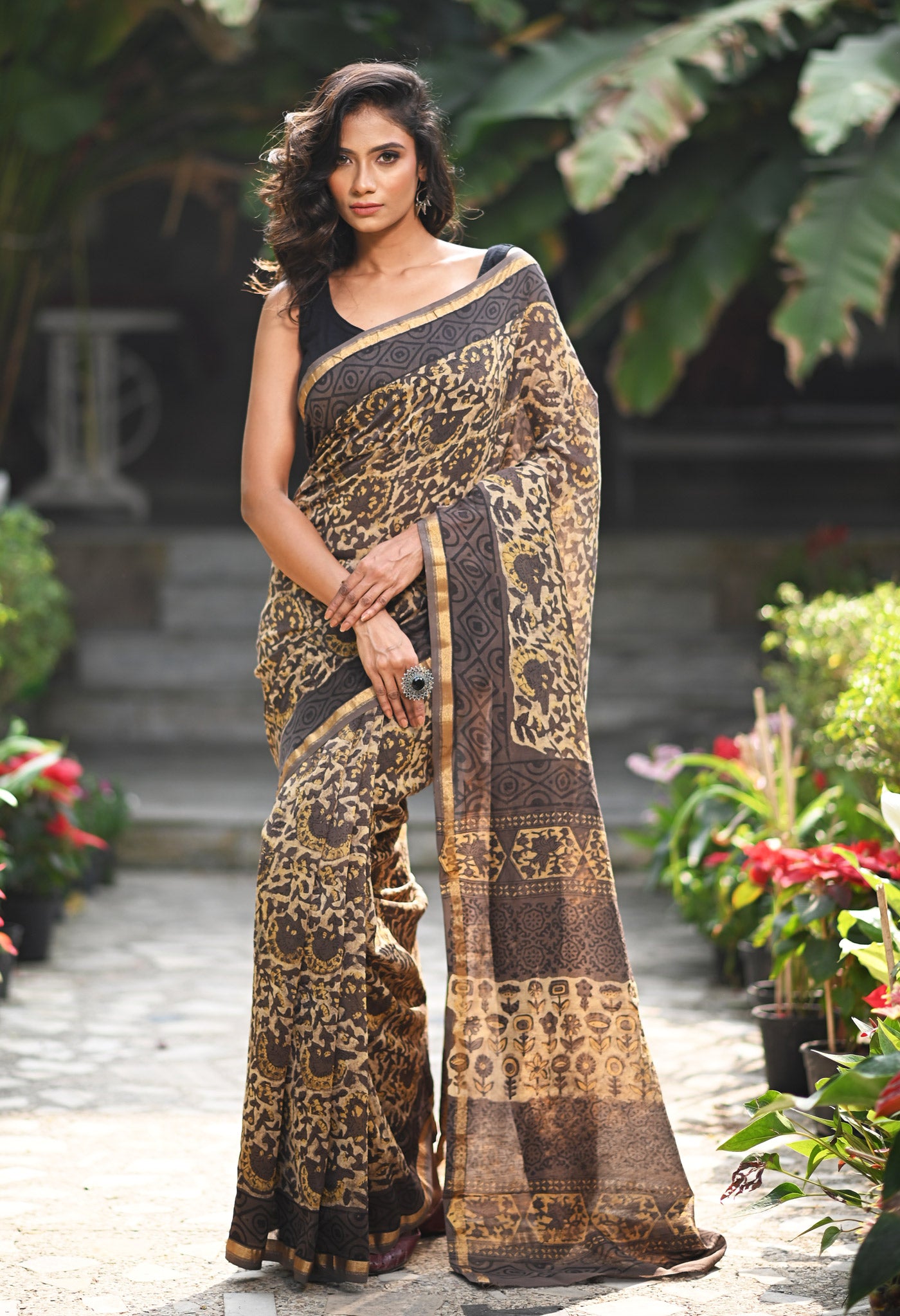 Brown Pure Vanaspathi Block Printed Chanderi Sico Saree-UNM81233