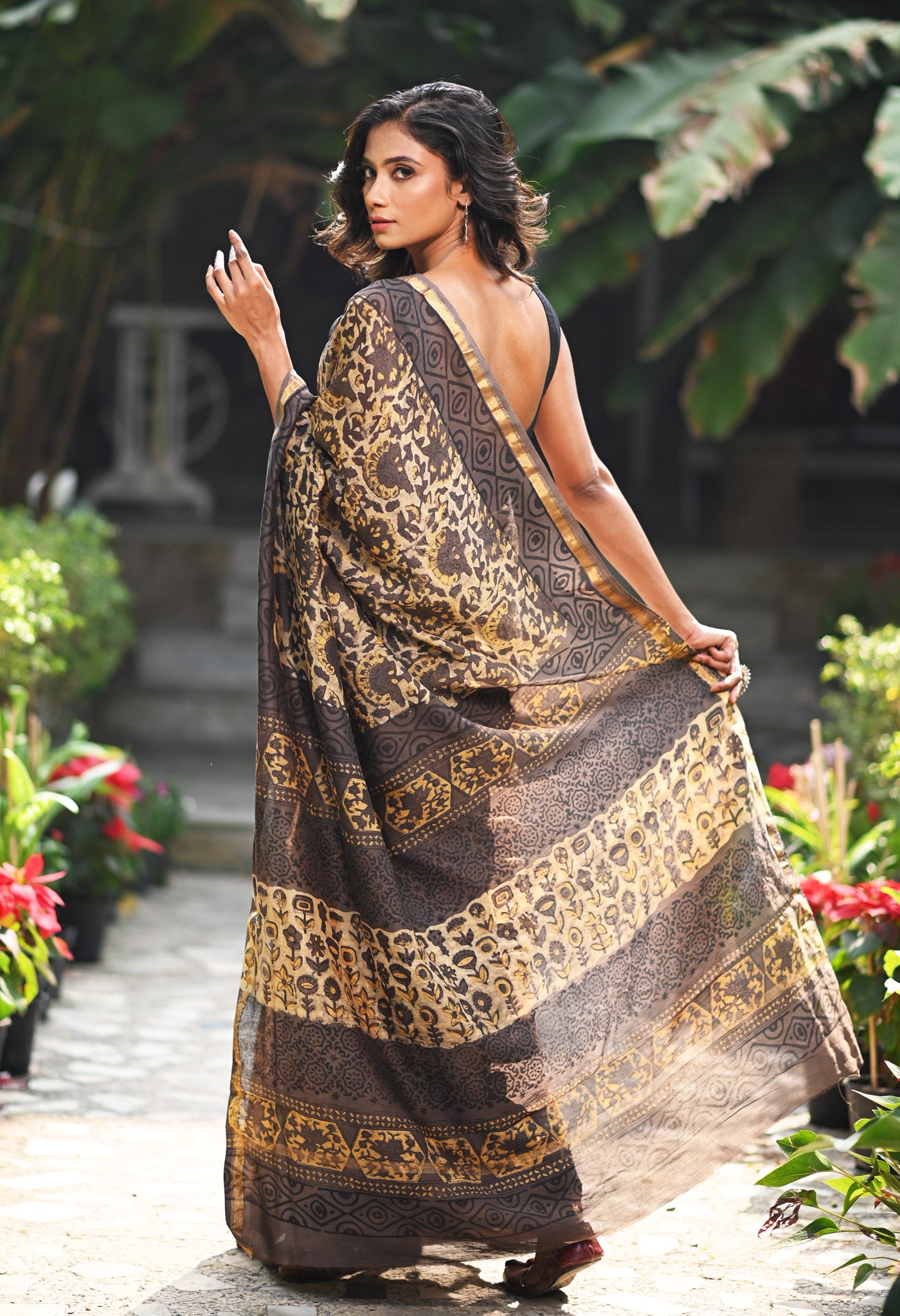 Brown Pure Vanaspathi Block Printed Chanderi Sico Saree-UNM81233