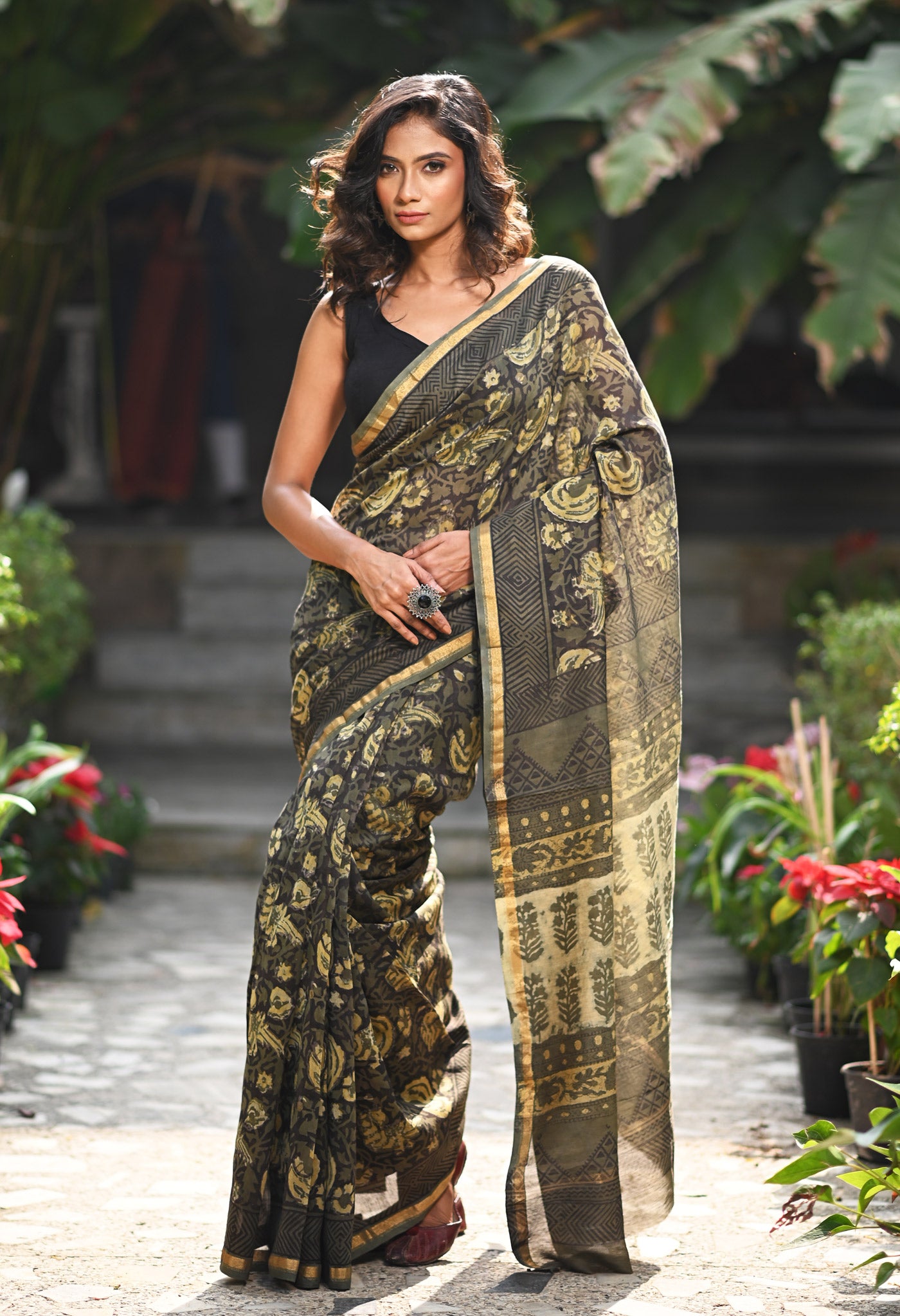 Green Pure Vanaspathi Block Printed Chanderi Sico Saree-UNM81234