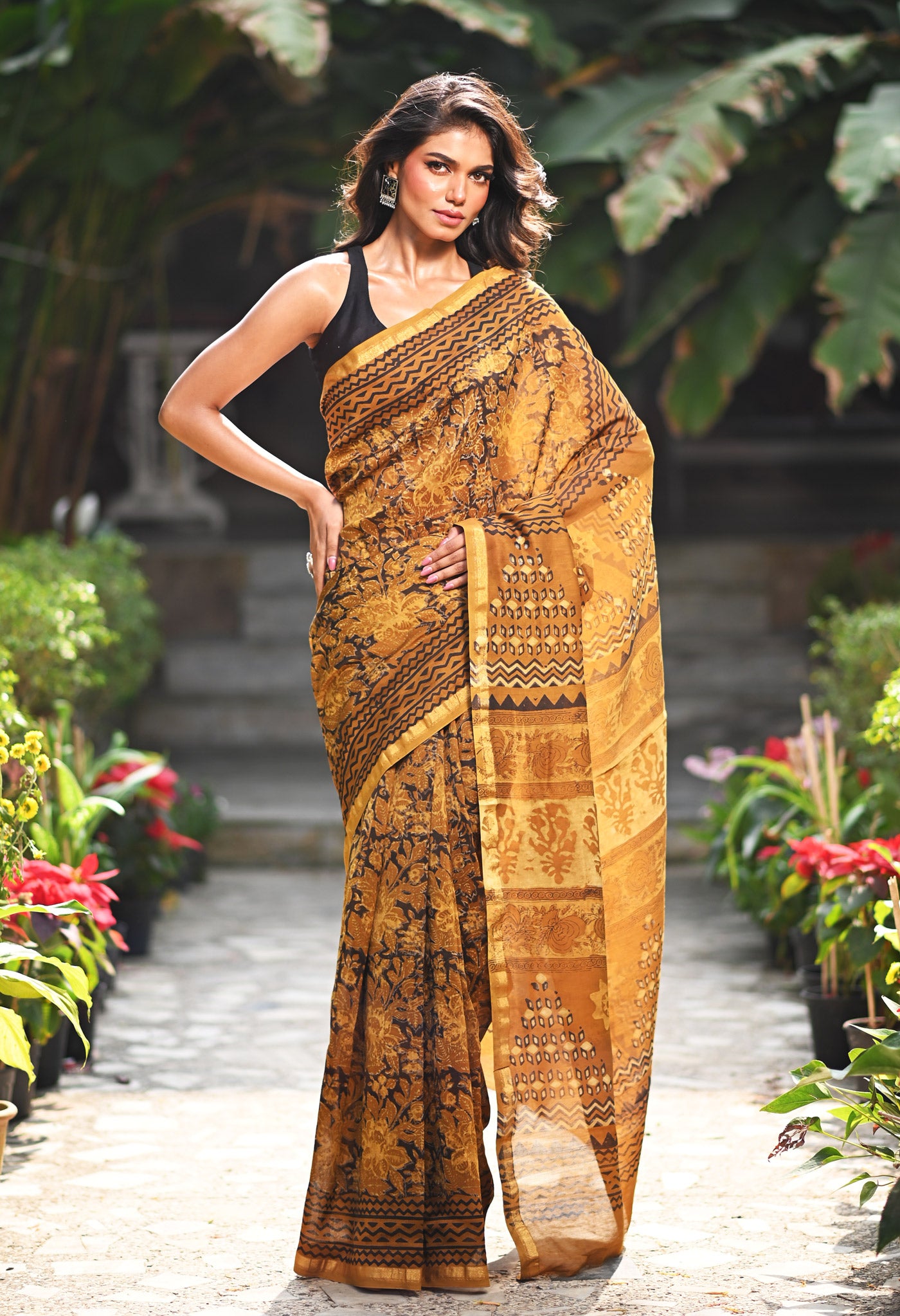 Mustard Yellow Pure Vanaspathi Block Printed Chanderi Sico Saree-UNM81237