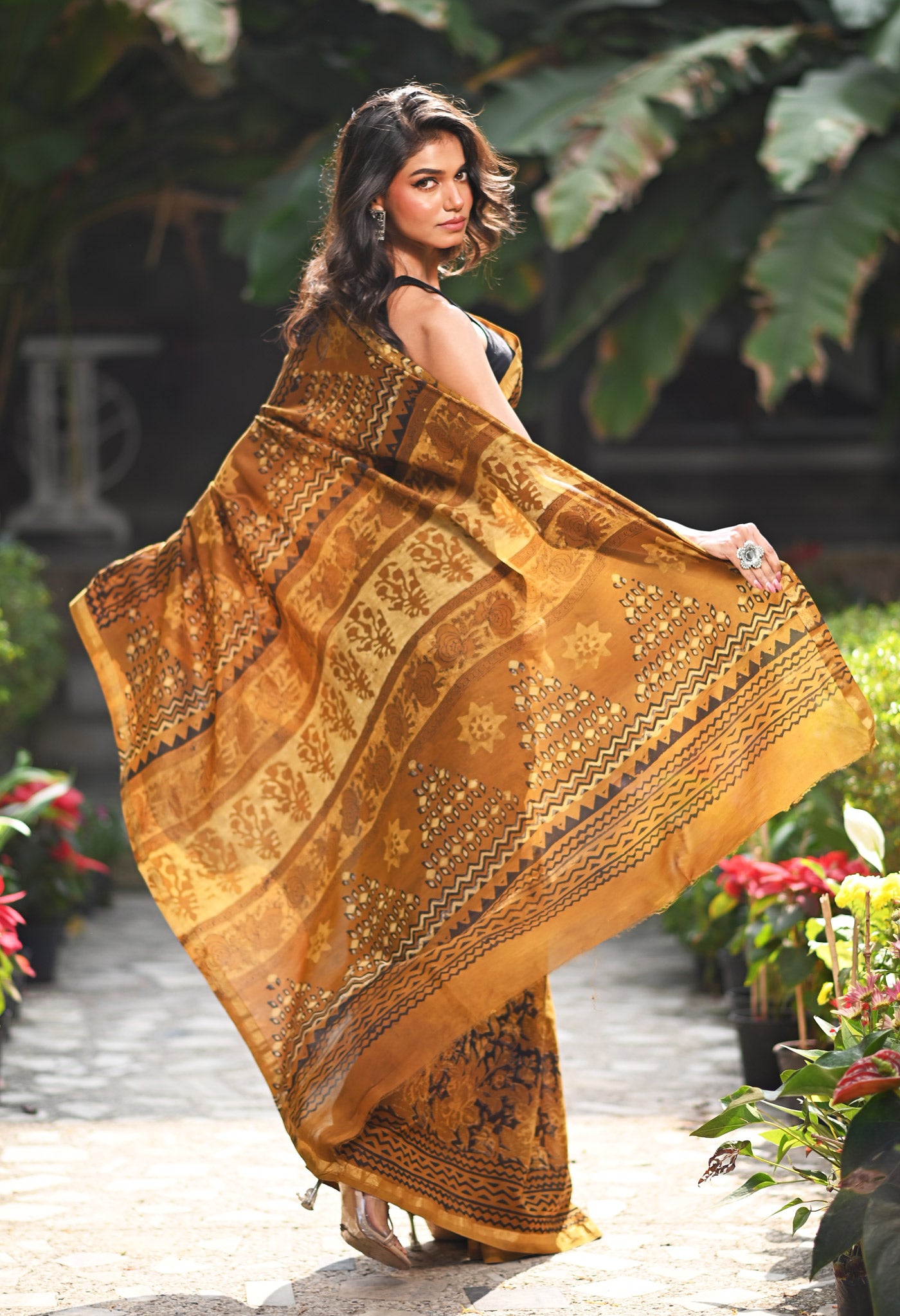 Mustard Yellow Pure Vanaspathi Block Printed Chanderi Sico Saree-UNM81237