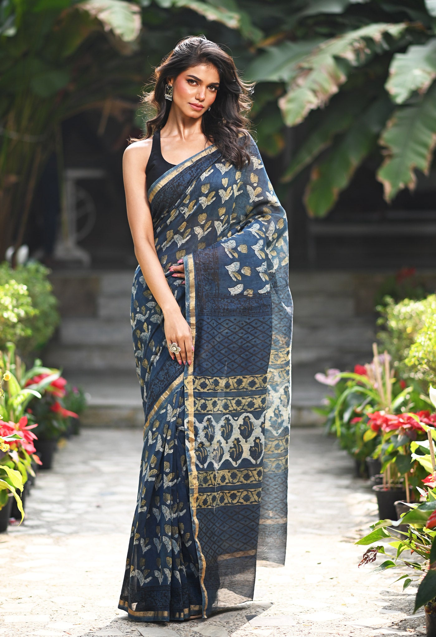 Blue Pure Vanaspathi Block Printed Chanderi Sico Saree-UNM81238