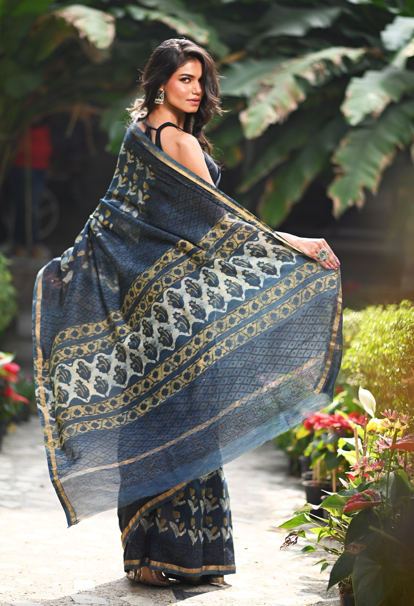 Blue Pure Vanaspathi Block Printed Chanderi Sico Saree-UNM81238