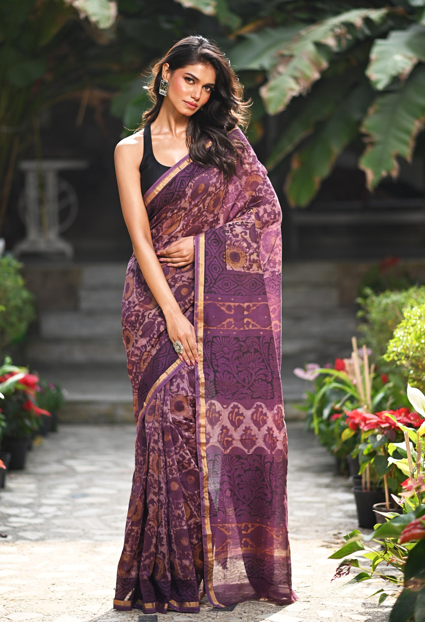 Violet Pure Vanaspathi Block Printed Chanderi Sico Saree-UNM81239