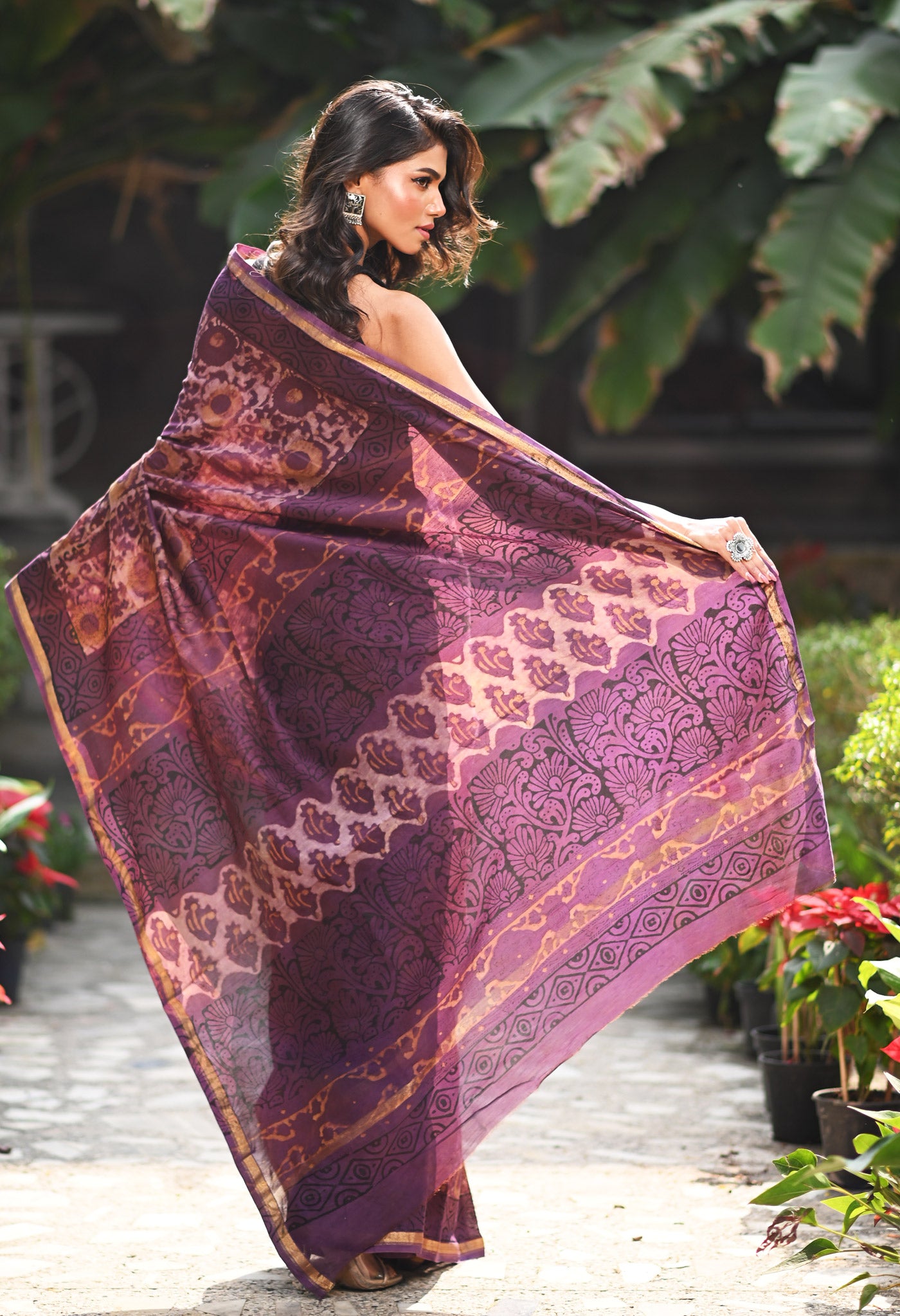 Violet Pure Vanaspathi Block Printed Chanderi Sico Saree-UNM81239