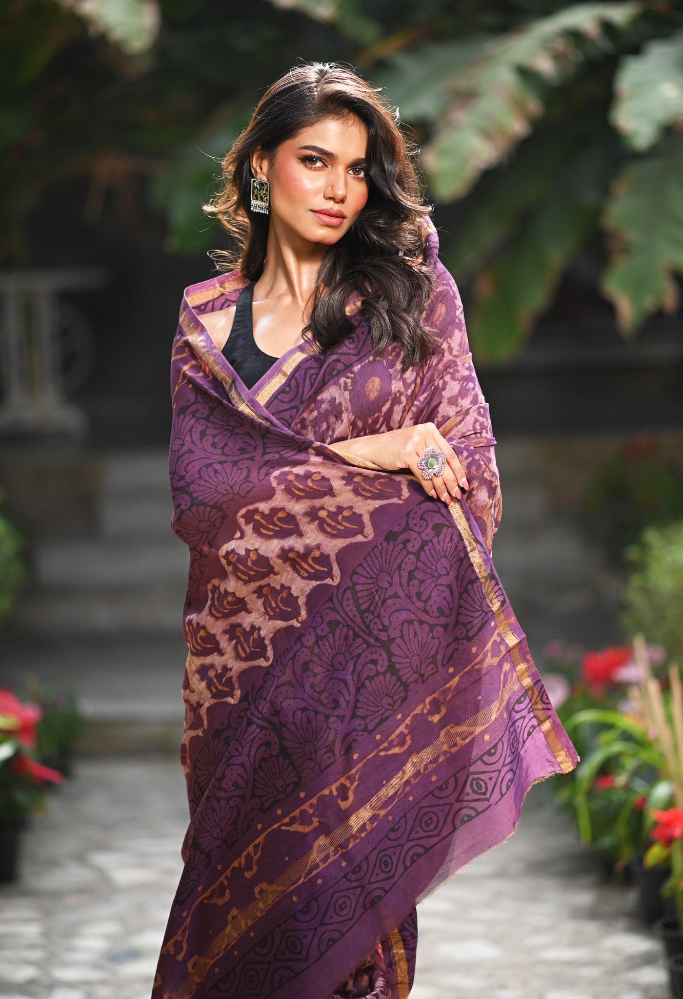 Violet Pure Vanaspathi Block Printed Chanderi Sico Saree-UNM81239