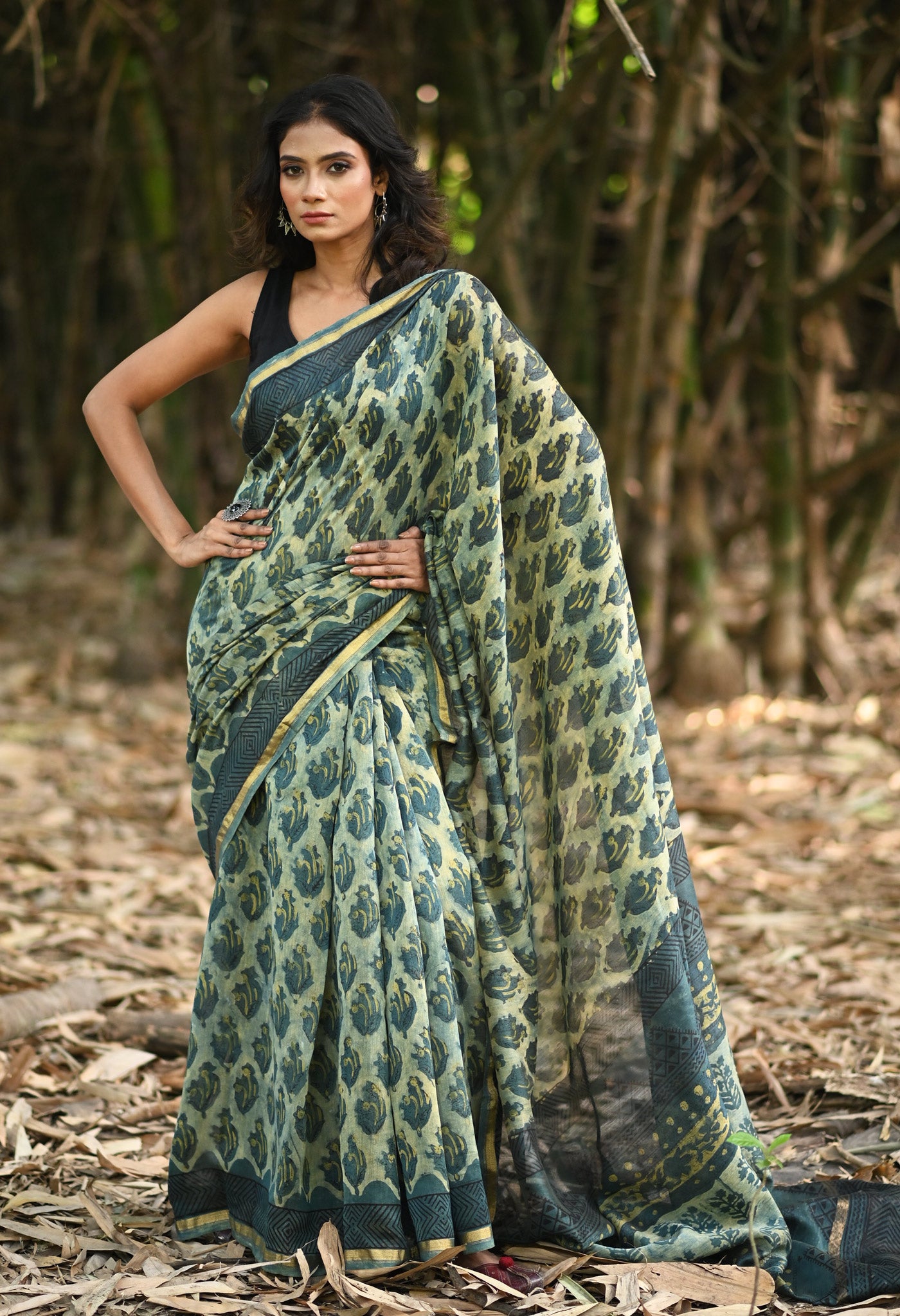 Blue-Ivory Pure Vanaspathi Block Printed Chanderi Sico Saree-UNM81240