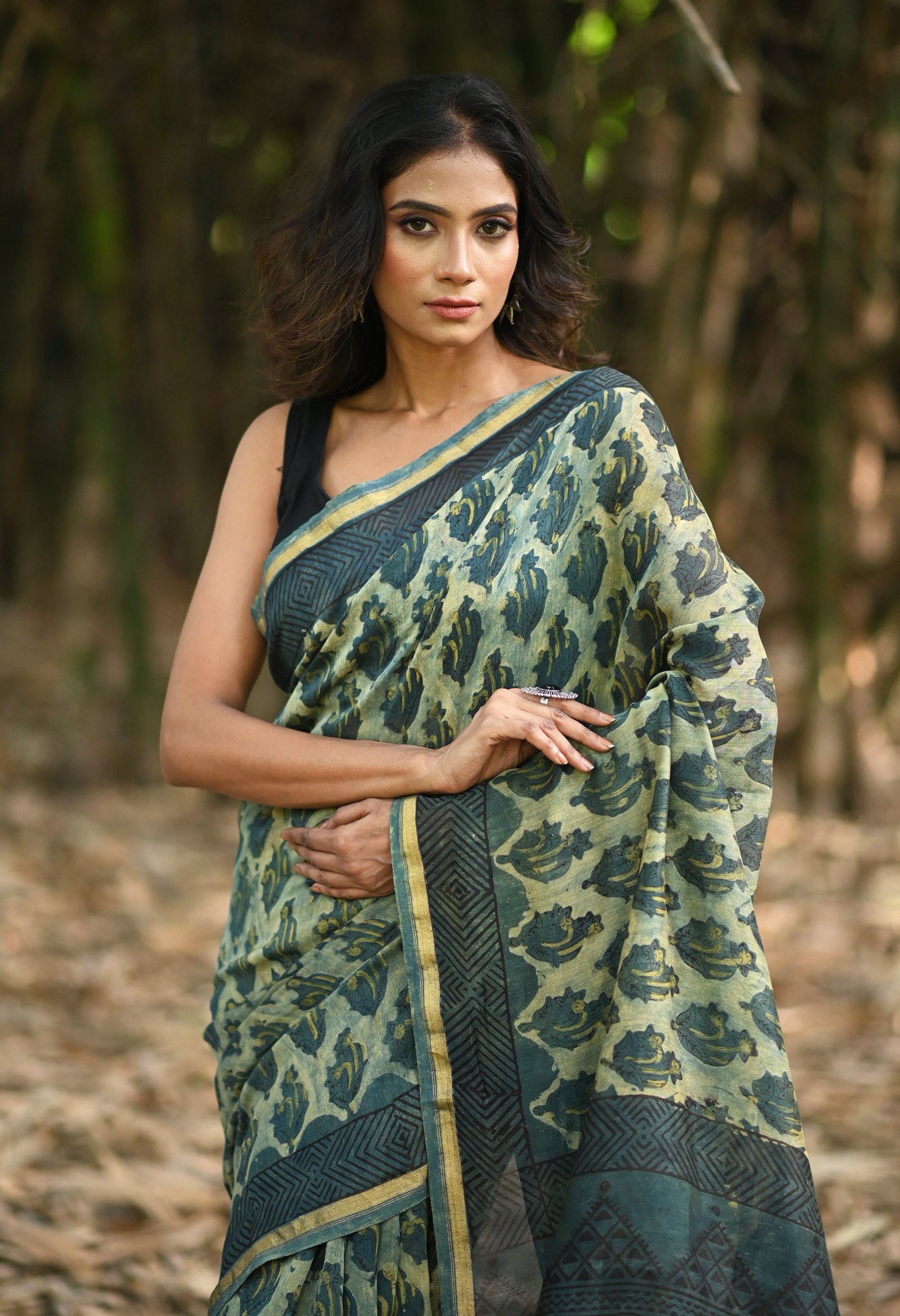 Blue-Ivory Pure Vanaspathi Block Printed Chanderi Sico Saree-UNM81240