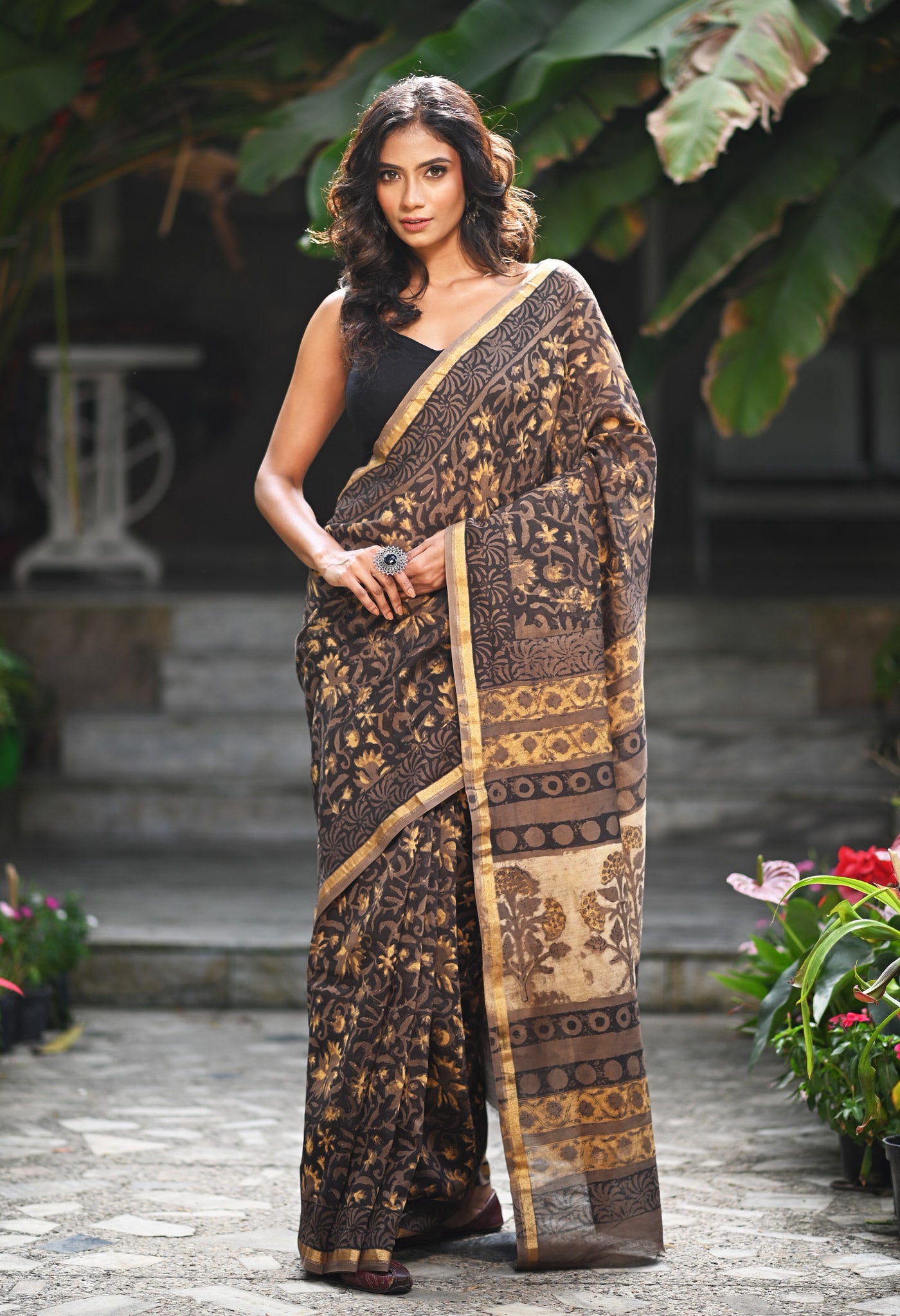 Brown-Black Pure Vanaspathi Block Printed Chanderi Sico Saree-UNM81241