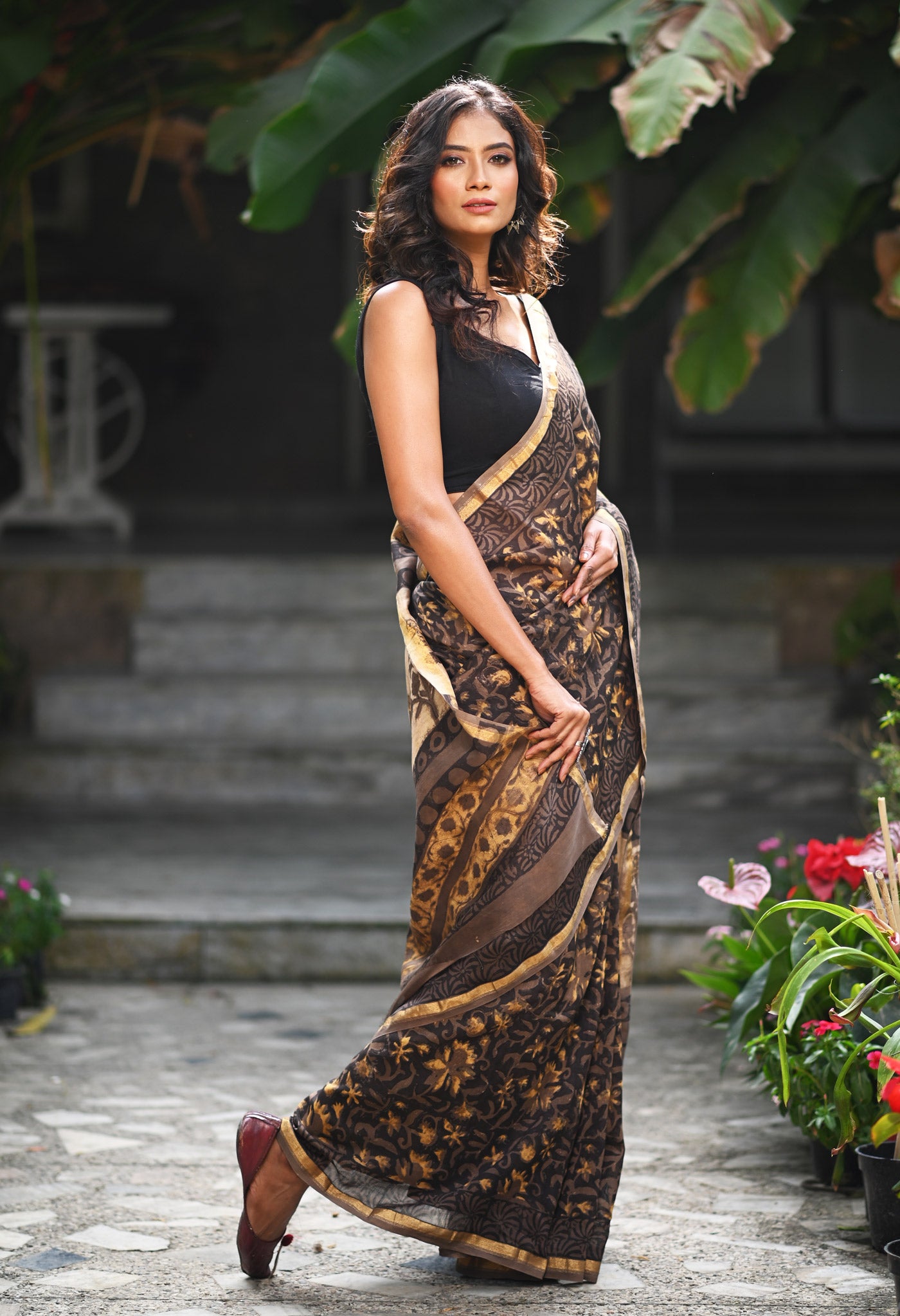 Brown-Black Pure Vanaspathi Block Printed Chanderi Sico Saree-UNM81241