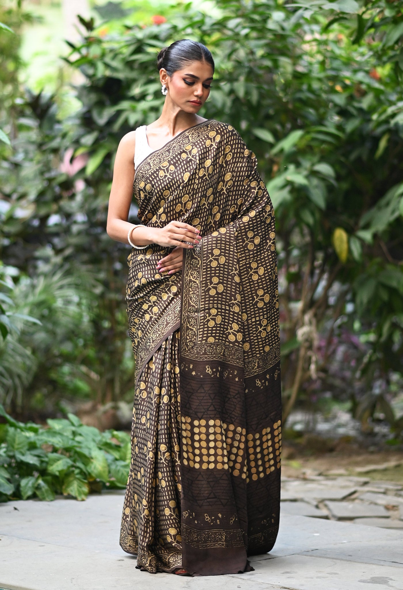 Brown Pure Ajrakh Printed Soft Silk Saree-UNM81243