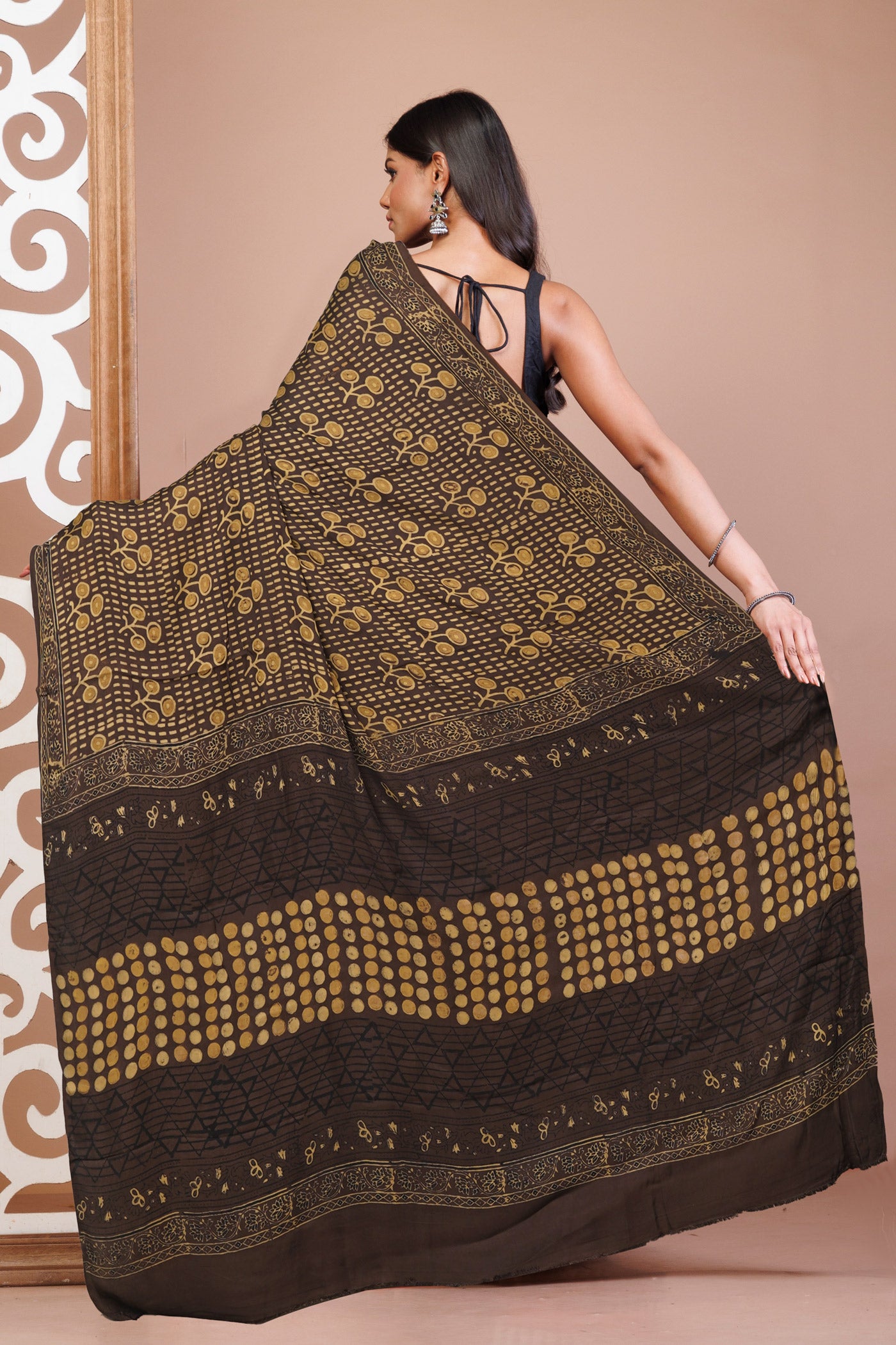 Brown Pure Ajrakh Printed Soft Silk Saree-UNM81243