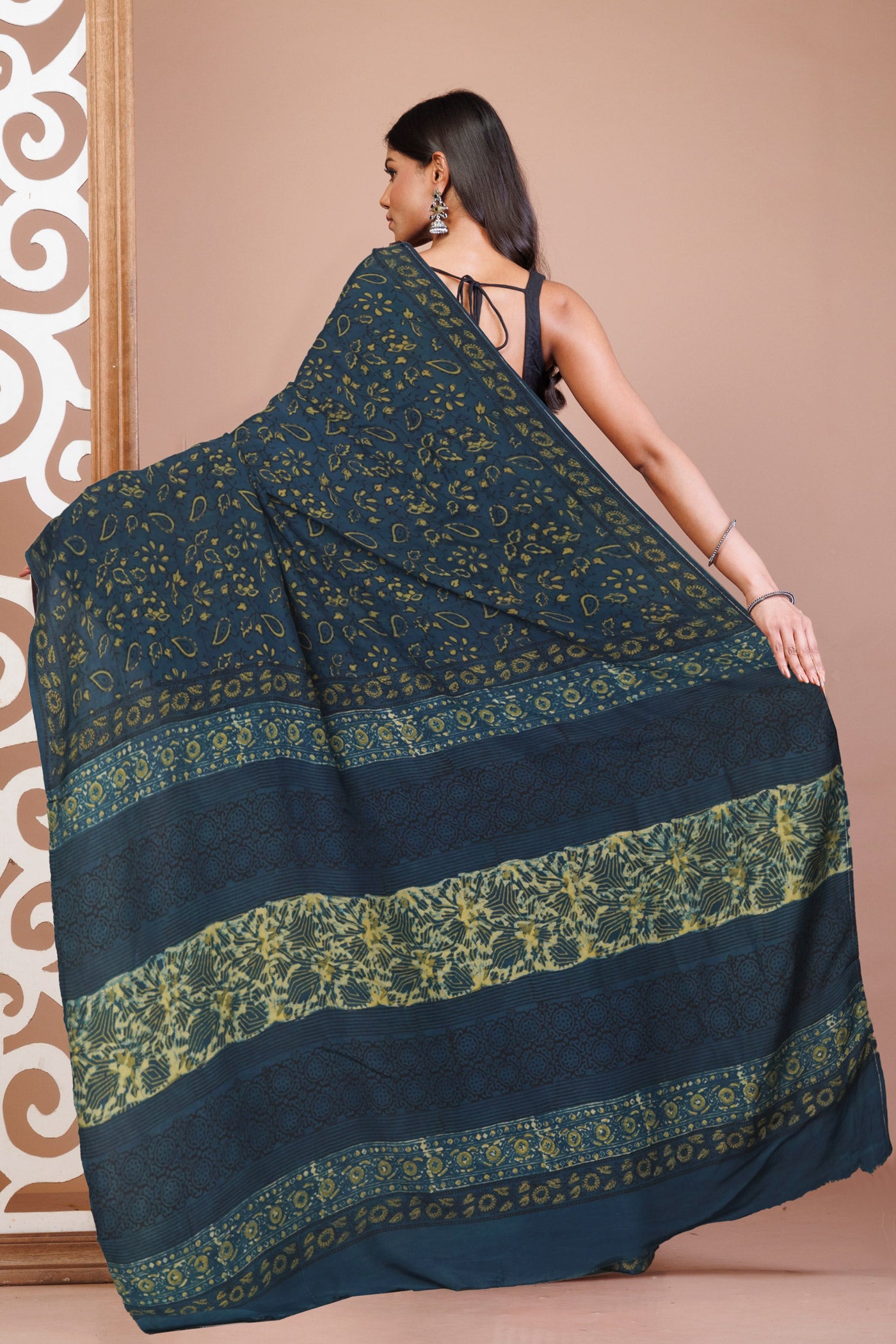 Blue Pure Ajrakh Printed Soft Silk Saree-UNM81247