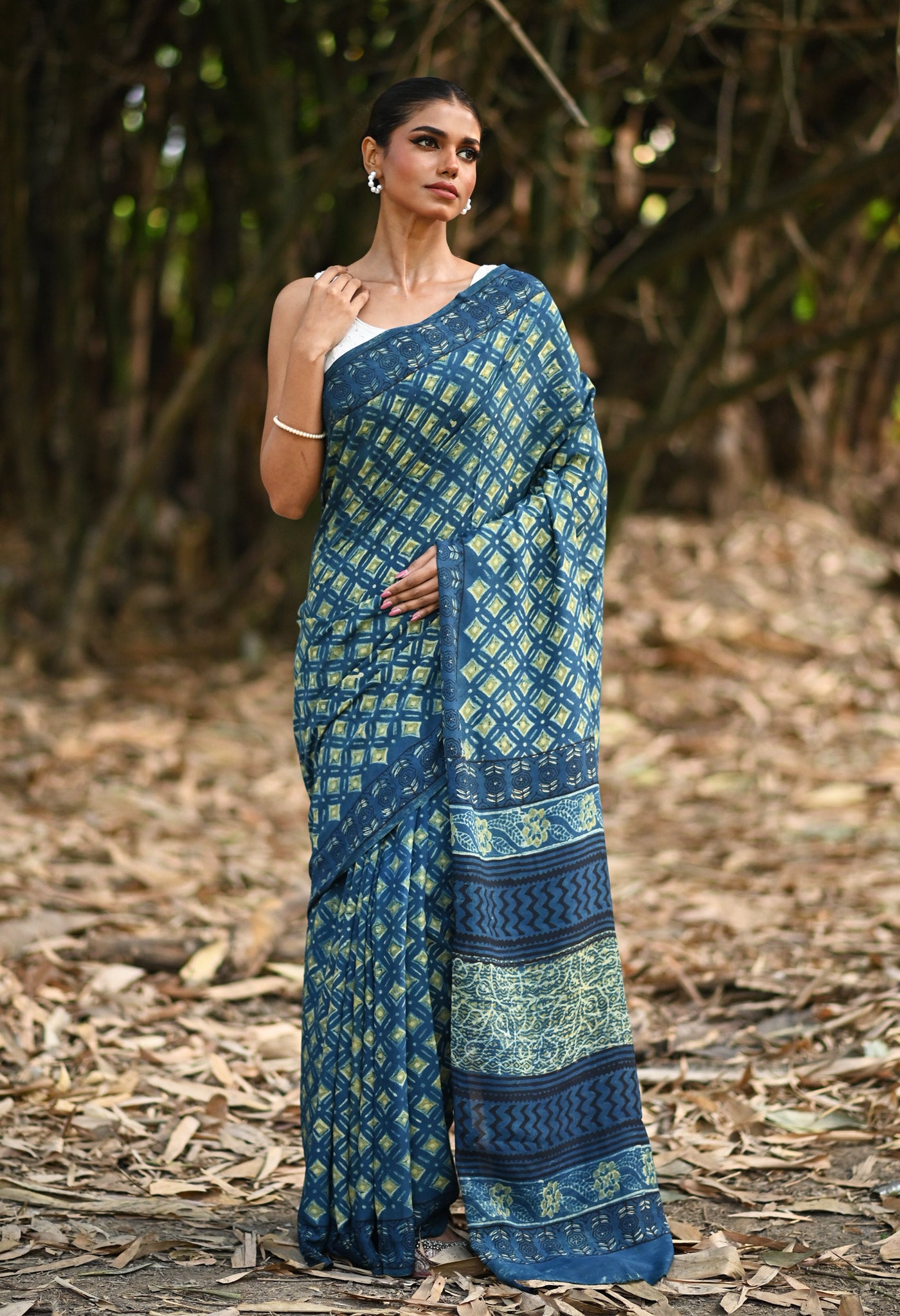 Blue Pure Ajrakh Printed Soft Silk Saree-UNM81249