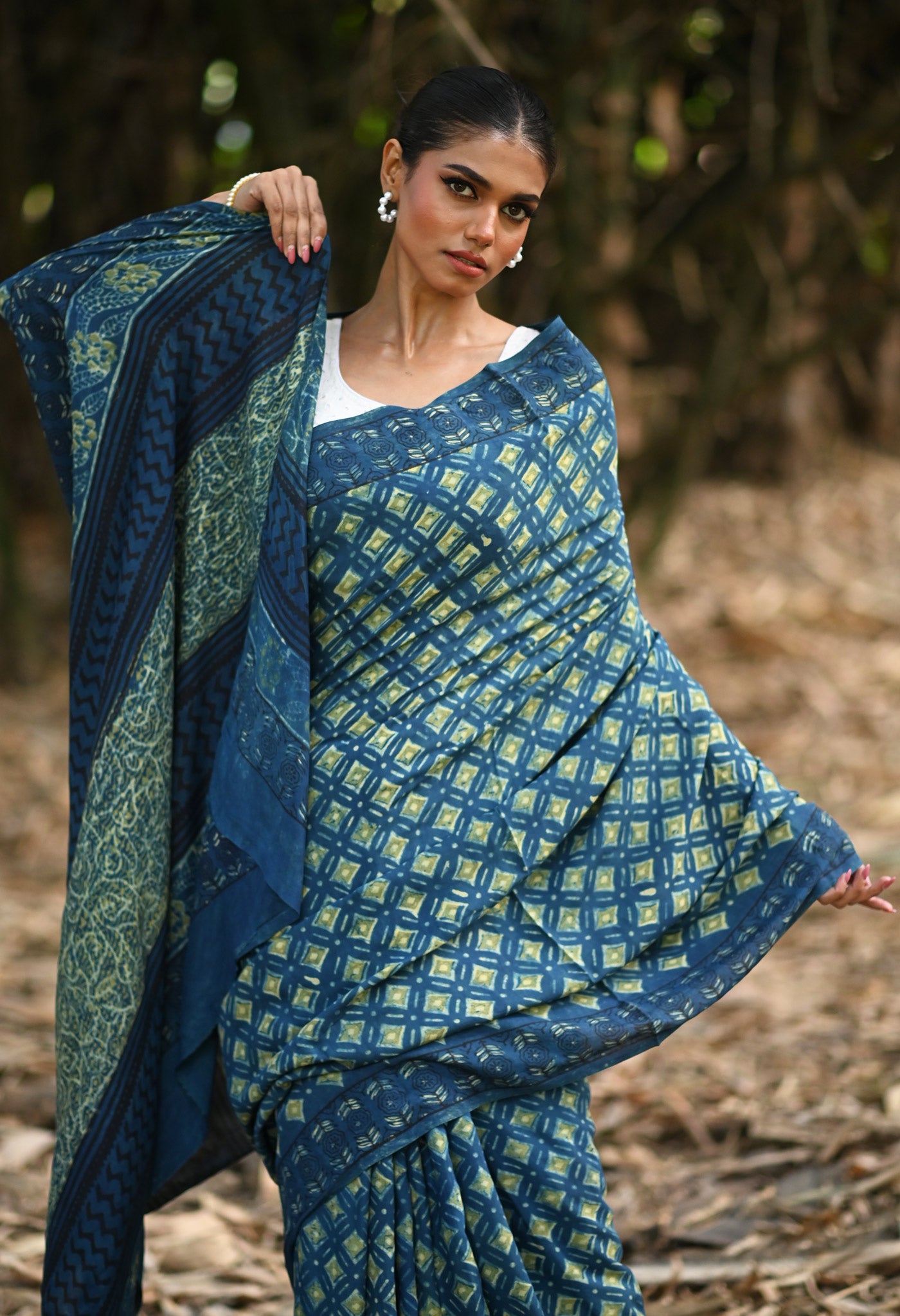 Blue Pure Ajrakh Printed Soft Silk Saree-UNM81249