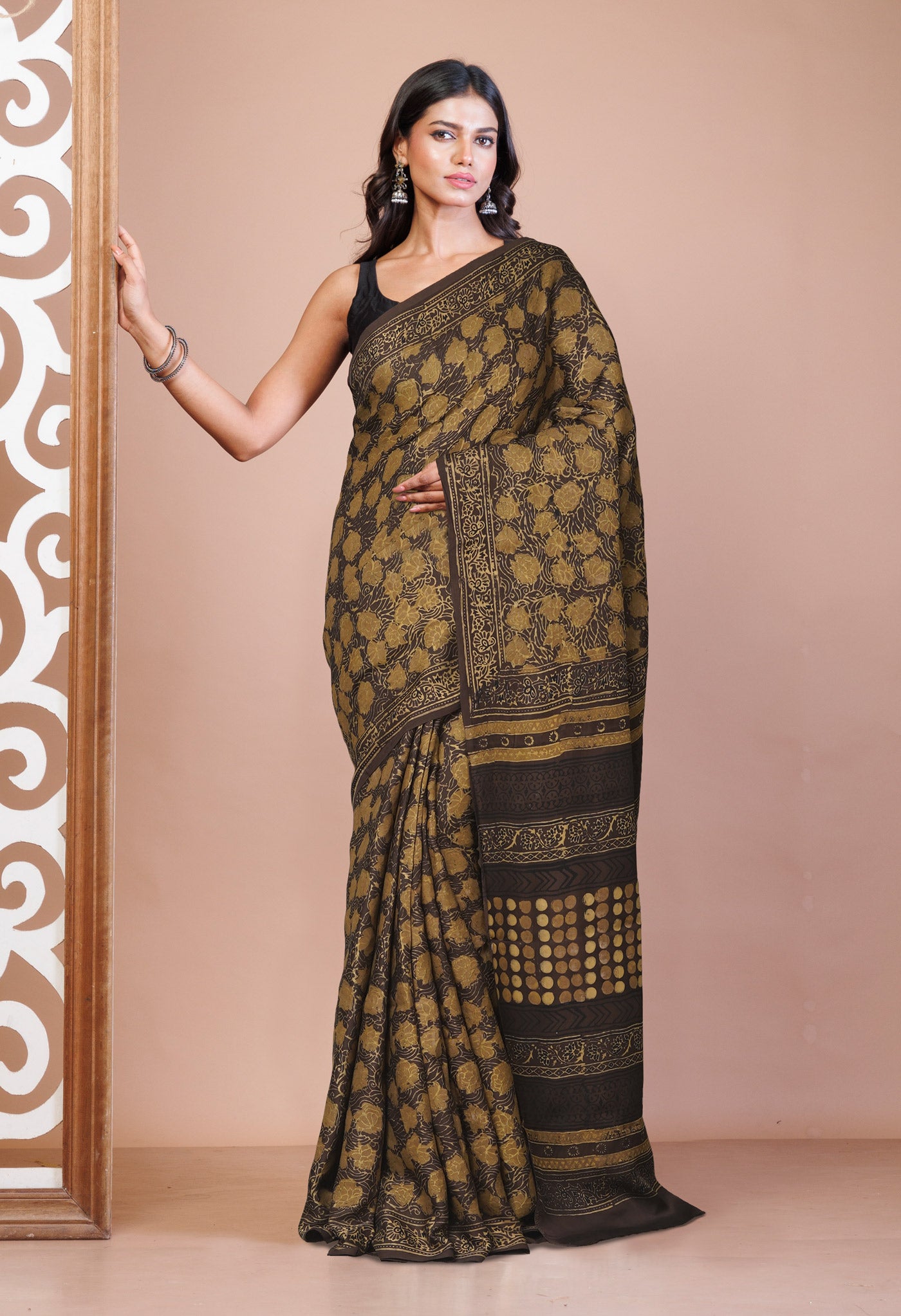 Brown Pure Ajrakh Printed Soft Silk Saree-UNM81250