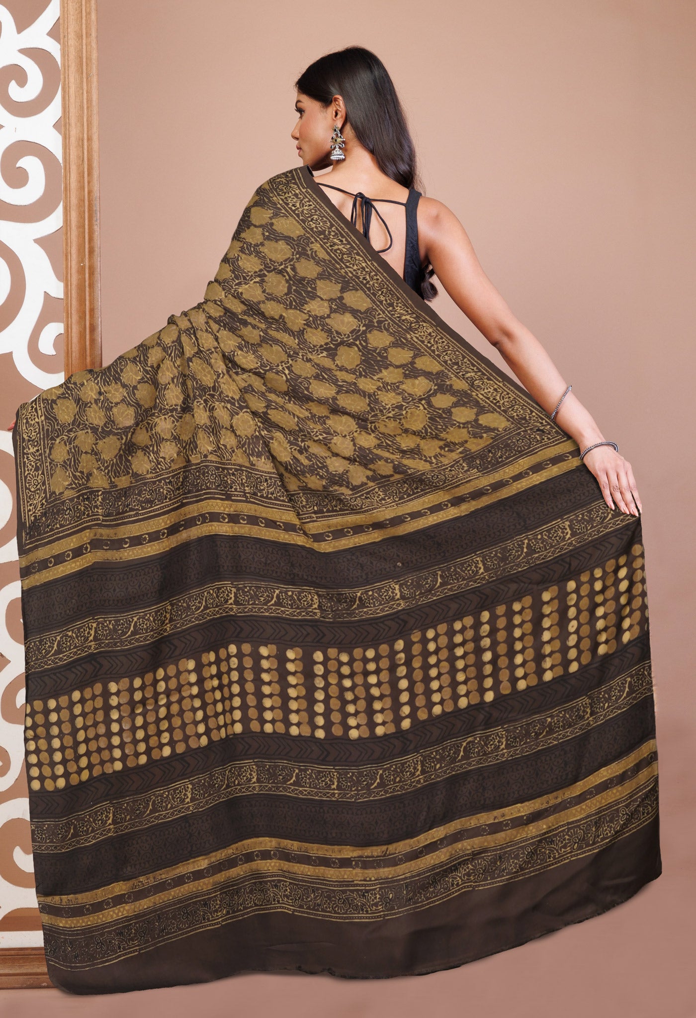 Brown Pure Ajrakh Printed Soft Silk Saree-UNM81250