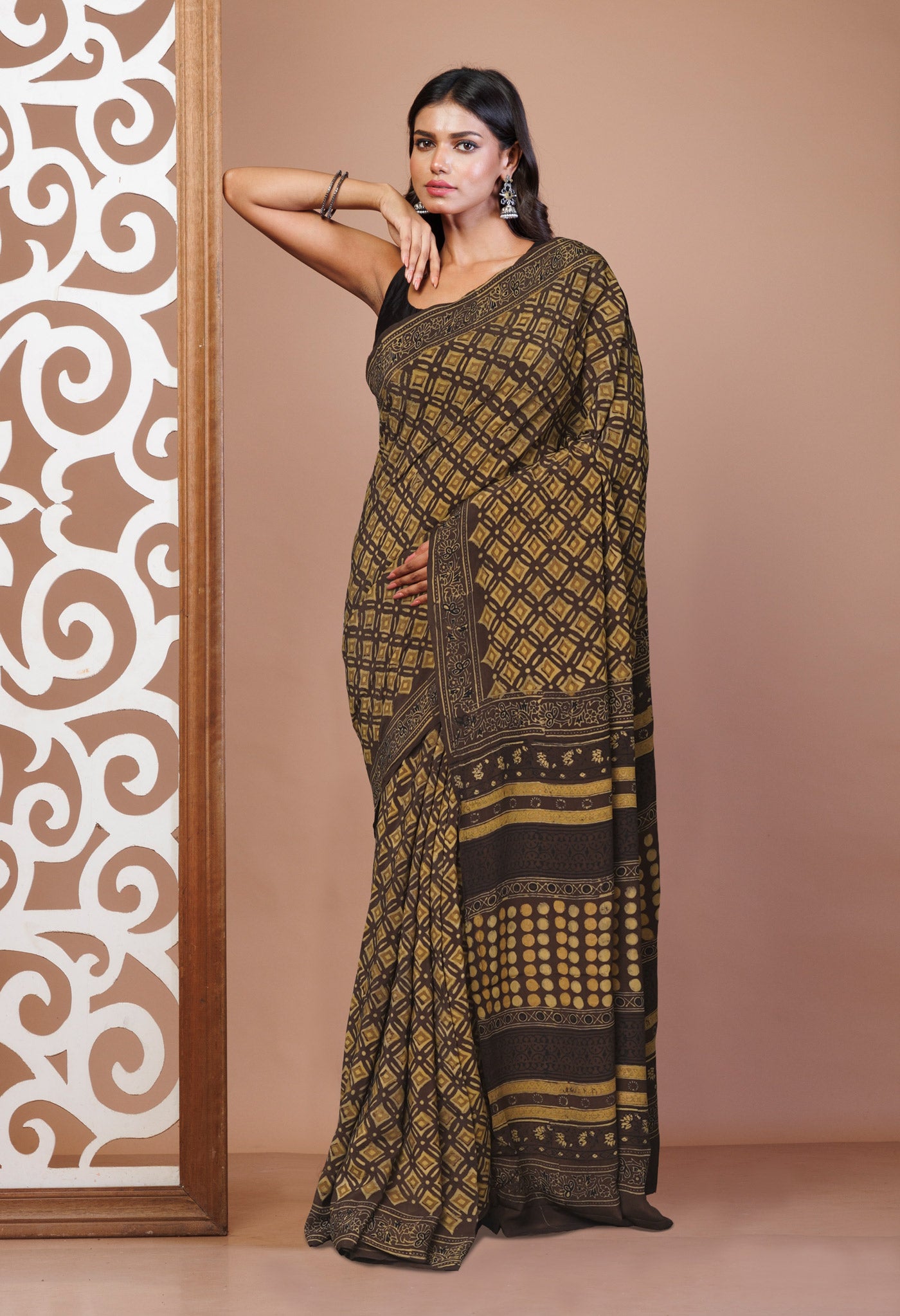 Brown Pure Ajrakh Printed Soft Silk Saree-UNM81251