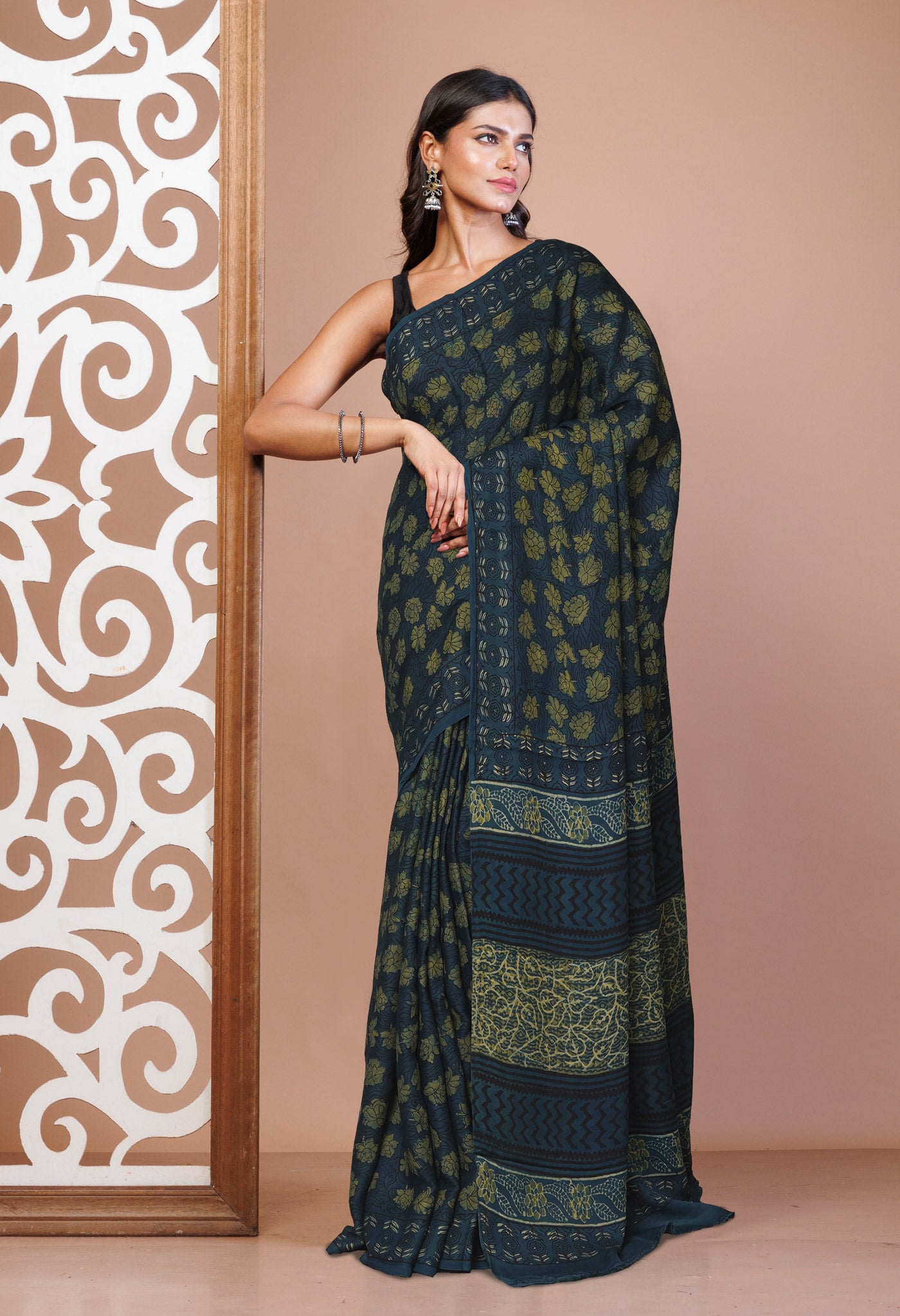 Blue Pure Ajrakh Printed Soft Silk Saree-UNM81253