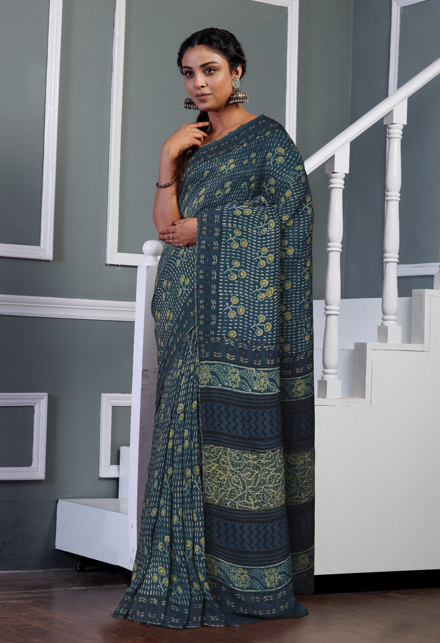 Blue Pure Ajrakh Printed Soft Silk Saree-UNM81254