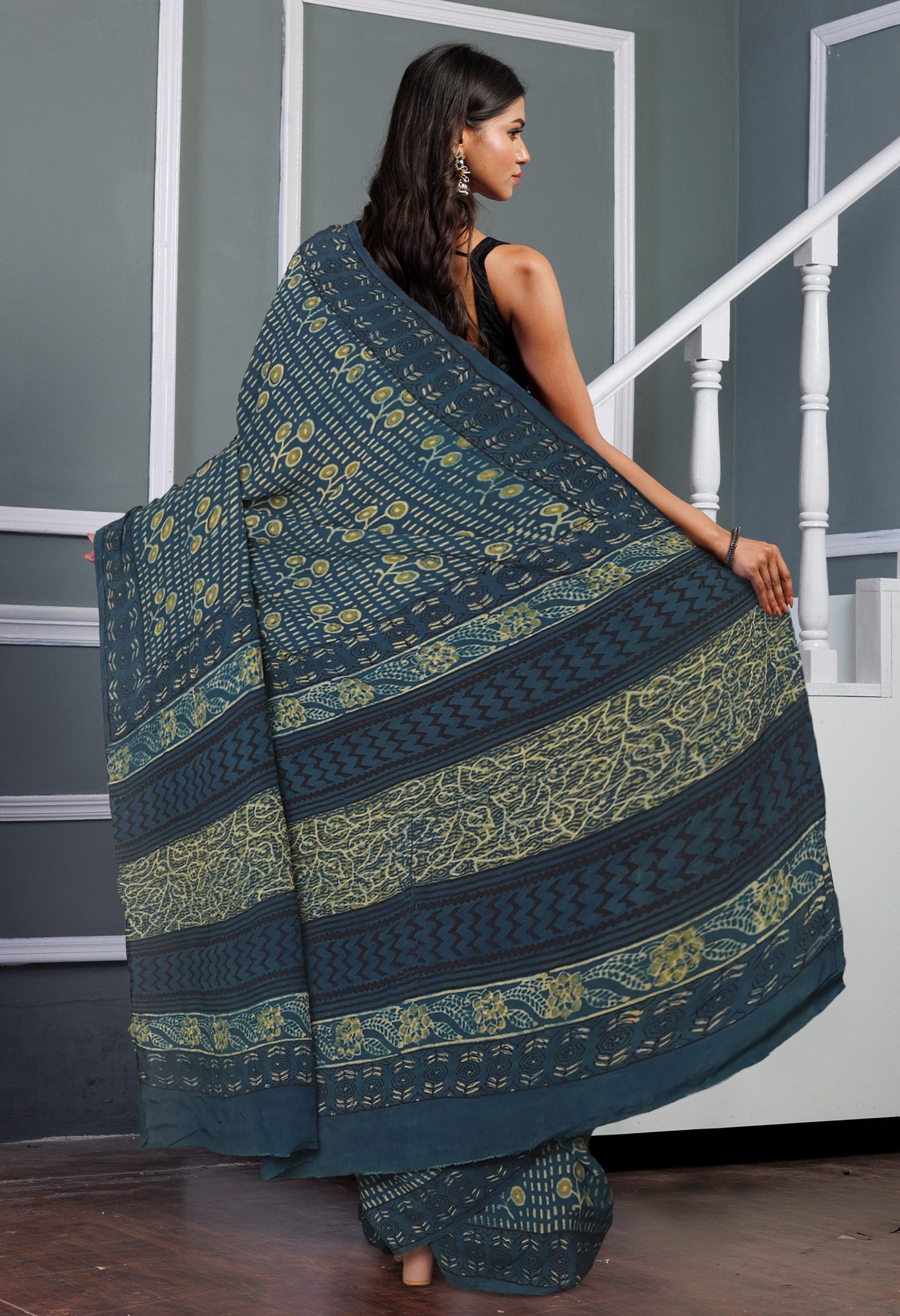 Blue Pure Ajrakh Printed Soft Silk Saree-UNM81257