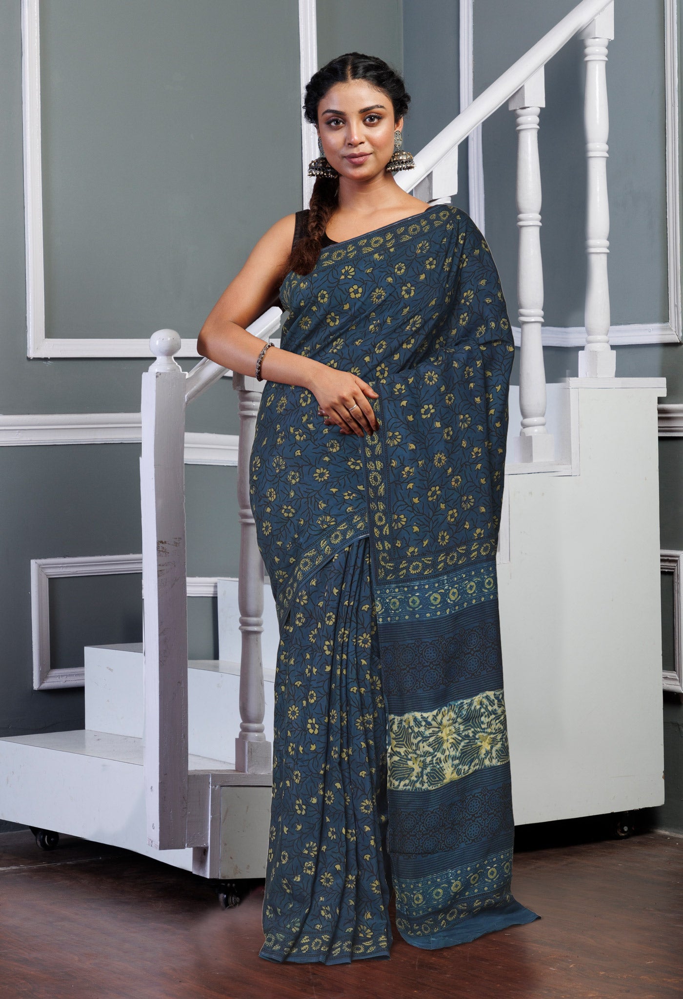 Blue Pure Ajrakh Printed Soft Silk Saree-UNM81258