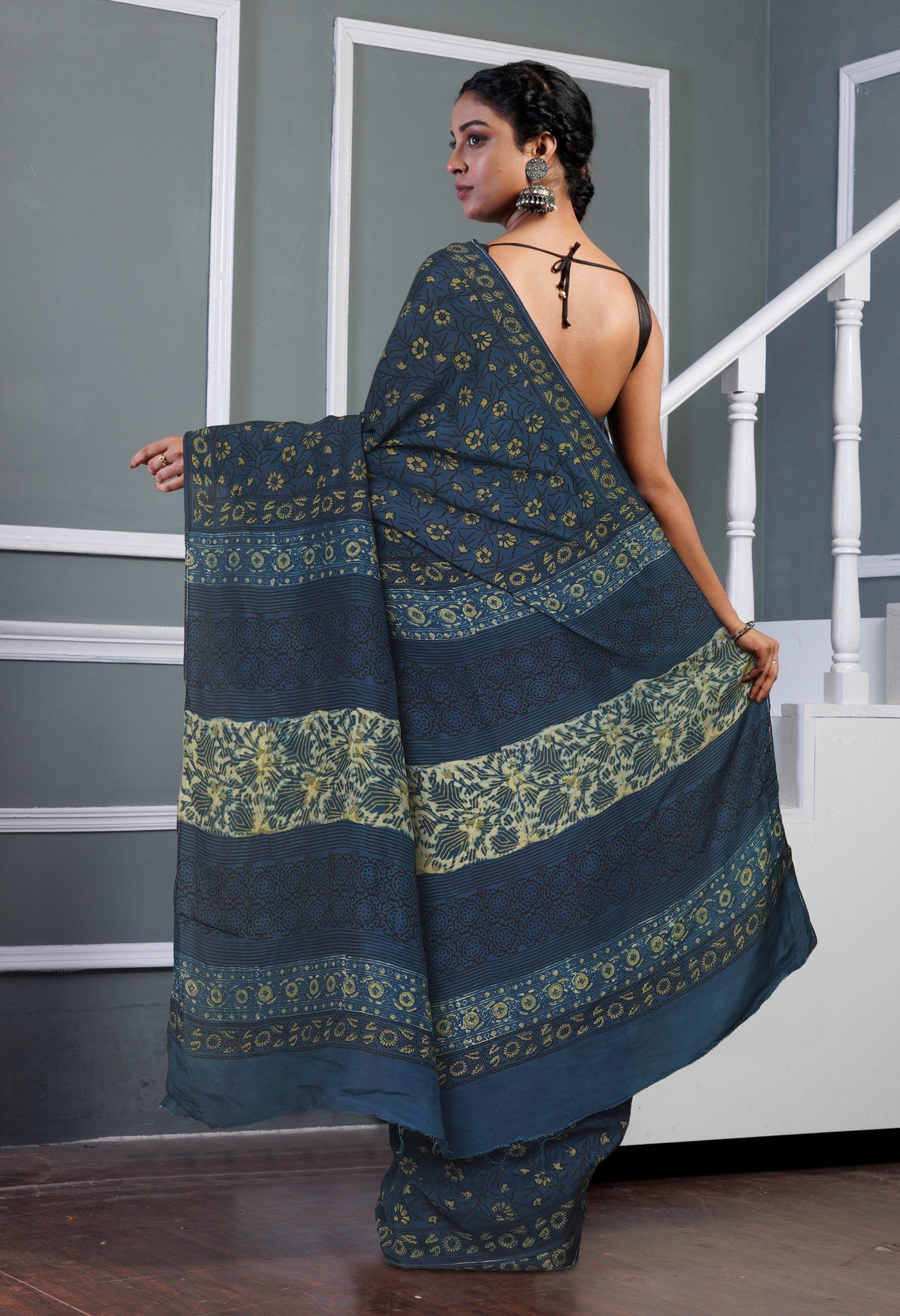 Blue Pure Ajrakh Printed Soft Silk Saree-UNM81258