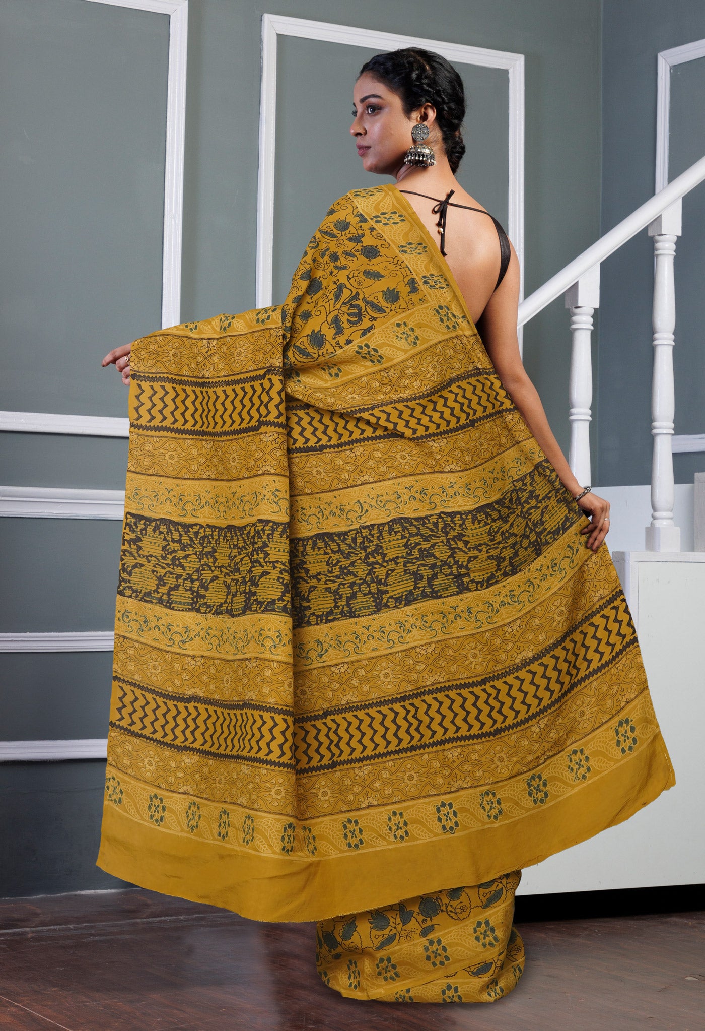 Yellow Pure Ajrakh Printed Soft Silk Saree-UNM81260