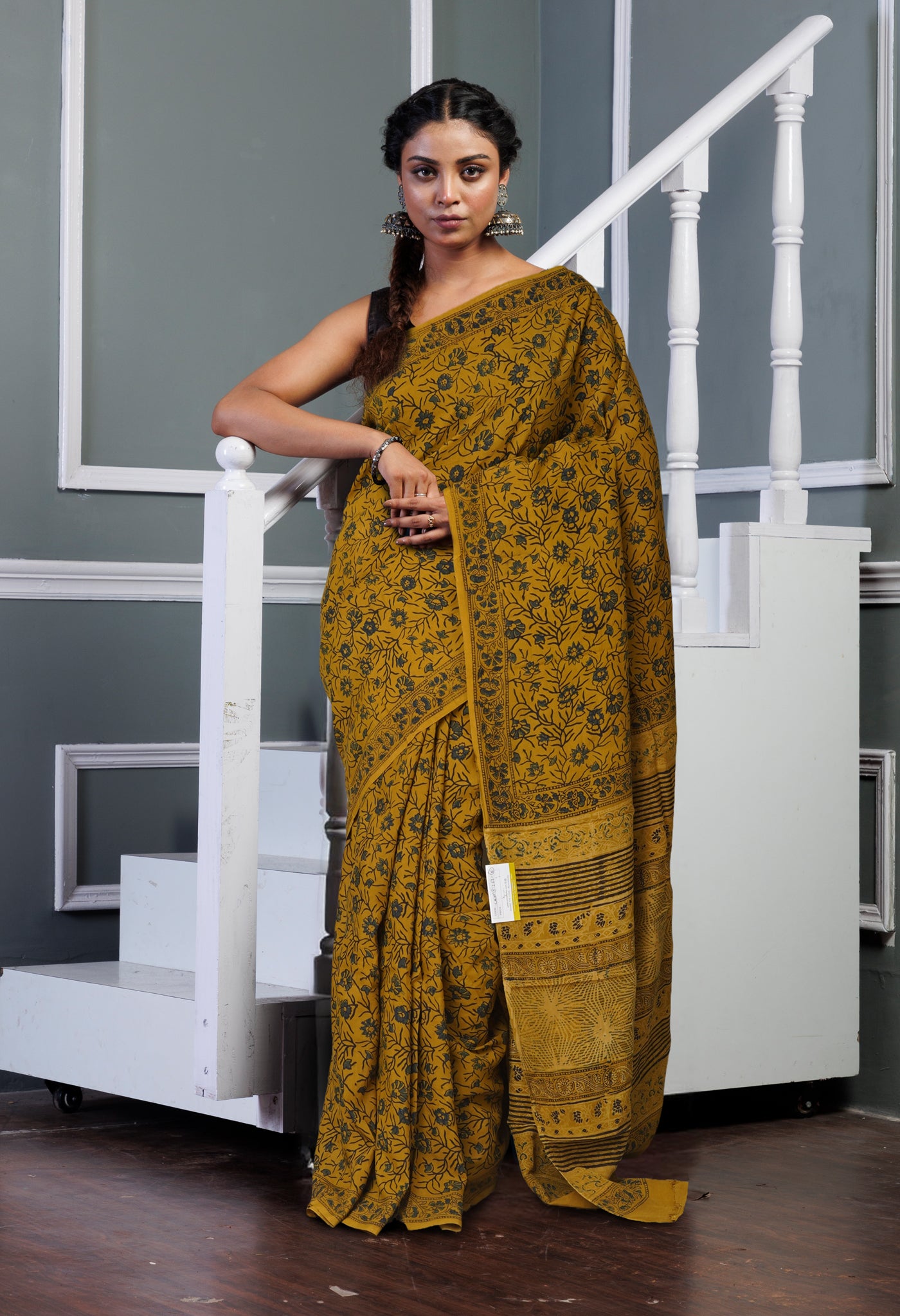 Yellow Pure Ajrakh Printed Soft Silk Saree-UNM81262