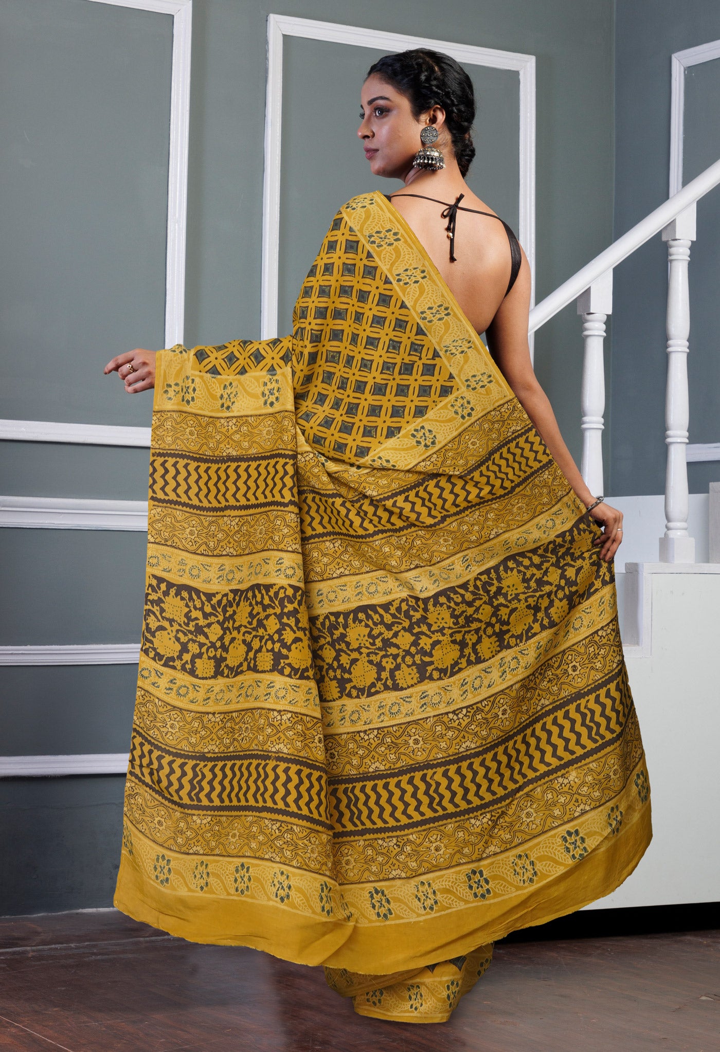 Yellow Pure Ajrakh Printed Soft Silk Saree-UNM81264