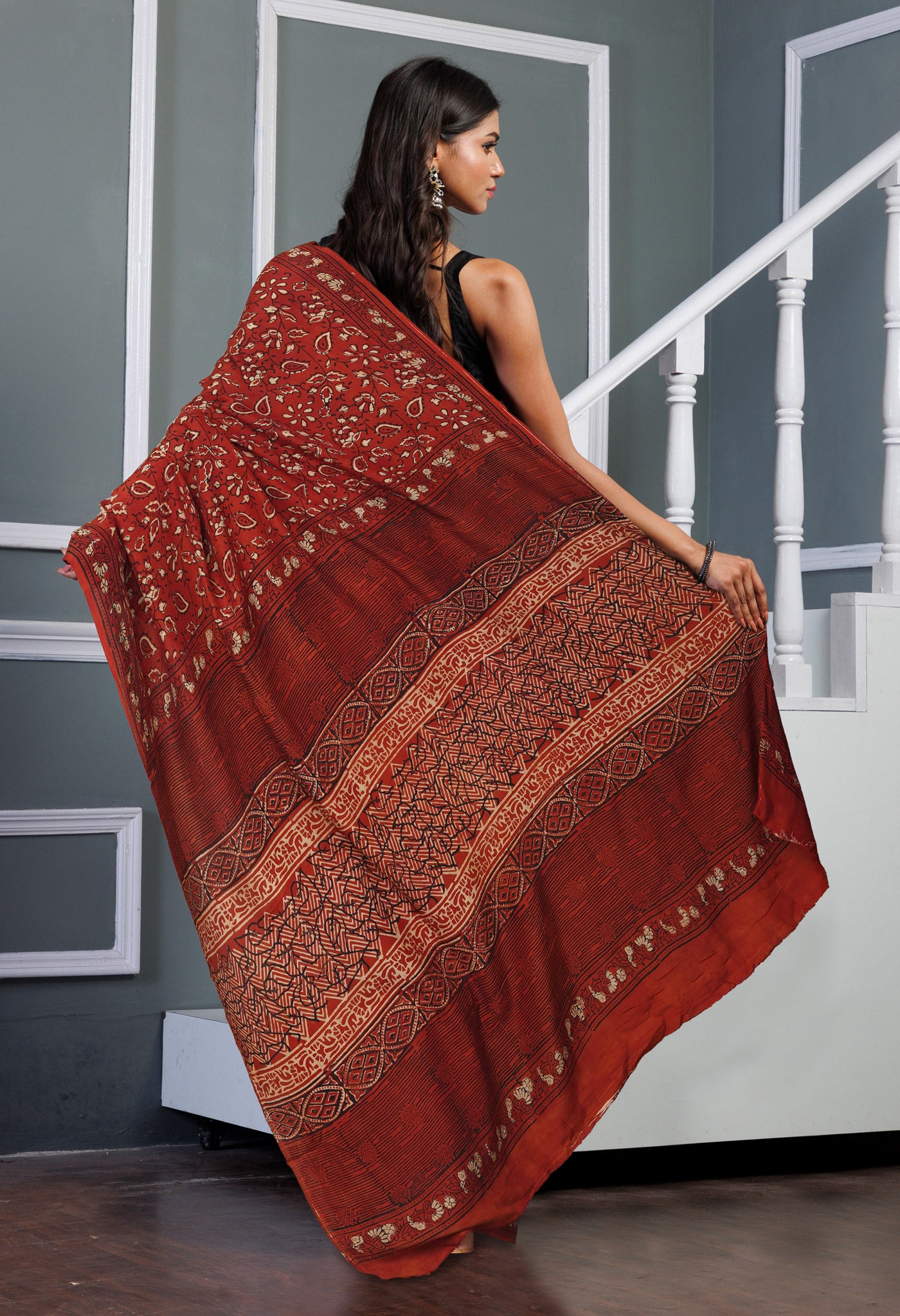 Red Pure Ajrakh Printed Soft Silk Saree-UNM81265