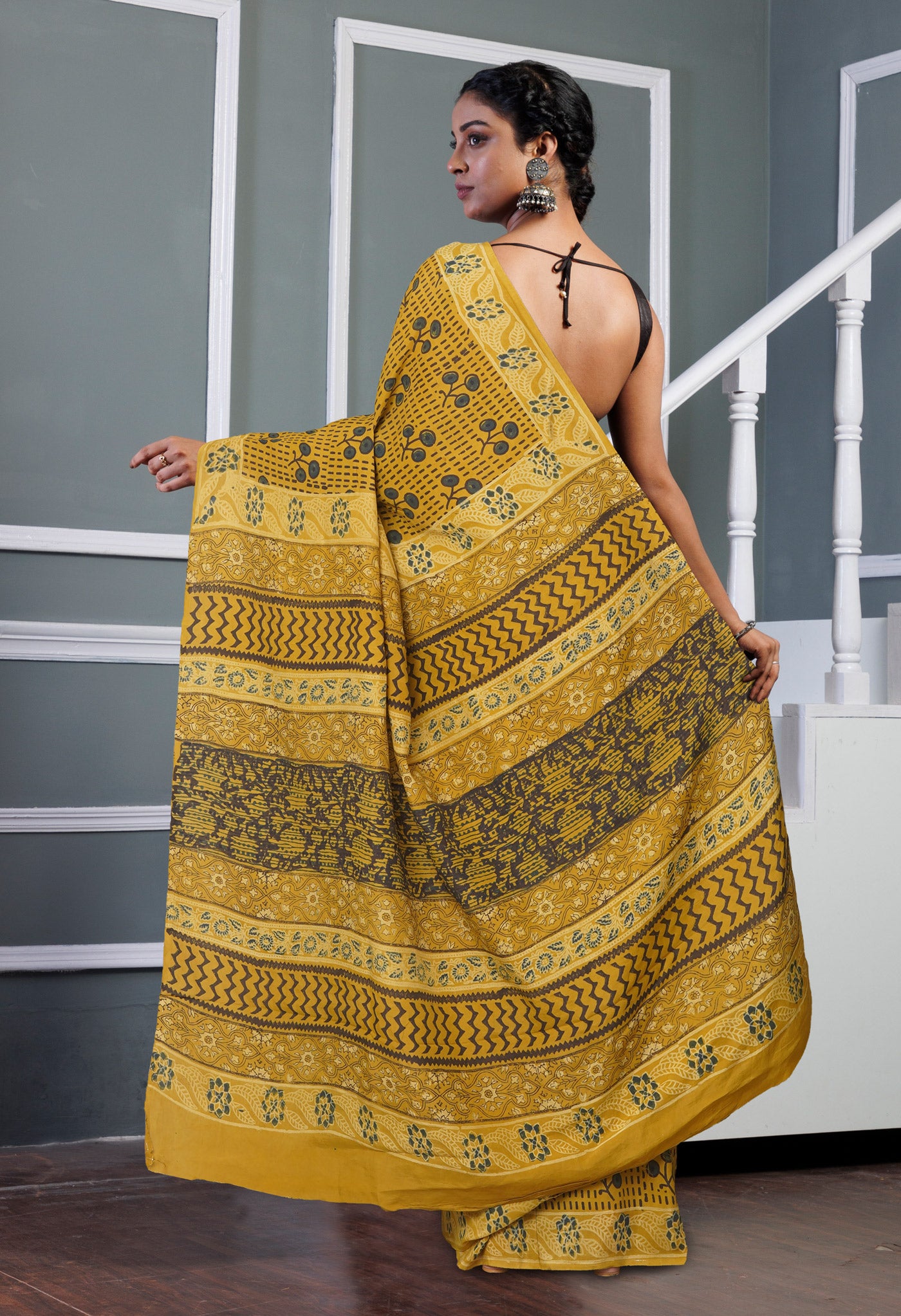 Yellow Pure Ajrakh Printed Soft Silk Saree-UNM81266