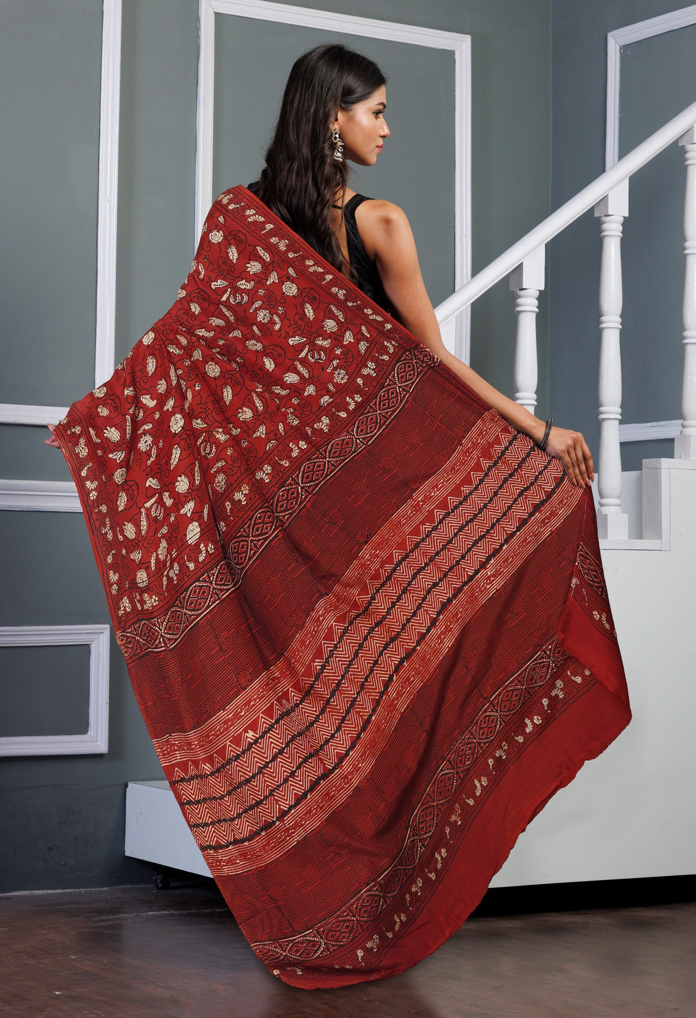 Red Pure Ajrakh Printed Soft Silk Saree-UNM81267