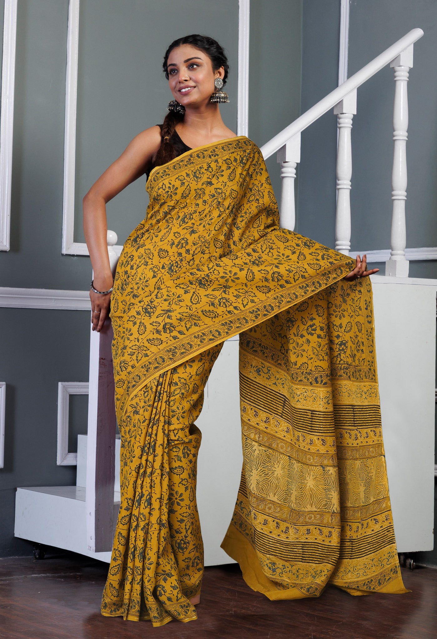 Yellow Pure Ajrakh Printed Soft Silk Saree-UNM81268