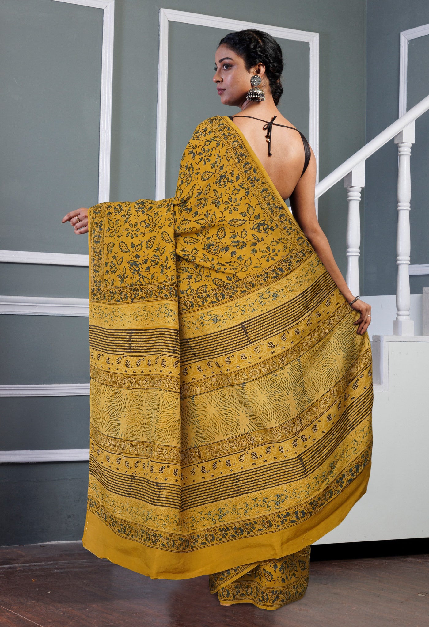 Yellow Pure Ajrakh Printed Soft Silk Saree-UNM81268