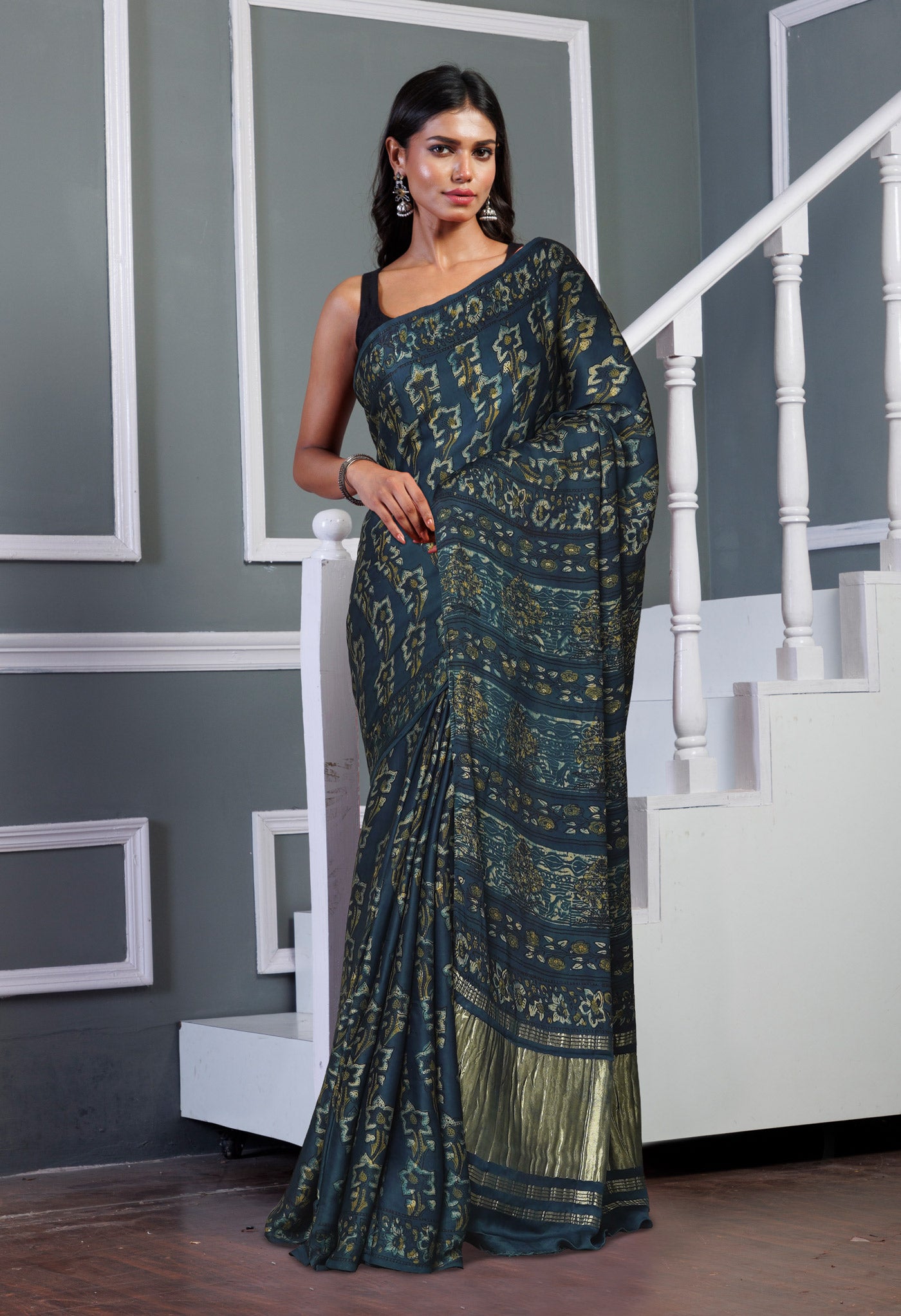 Blue Pure Ajrakh Printed Gaji Soft Silk Saree-UNM81270