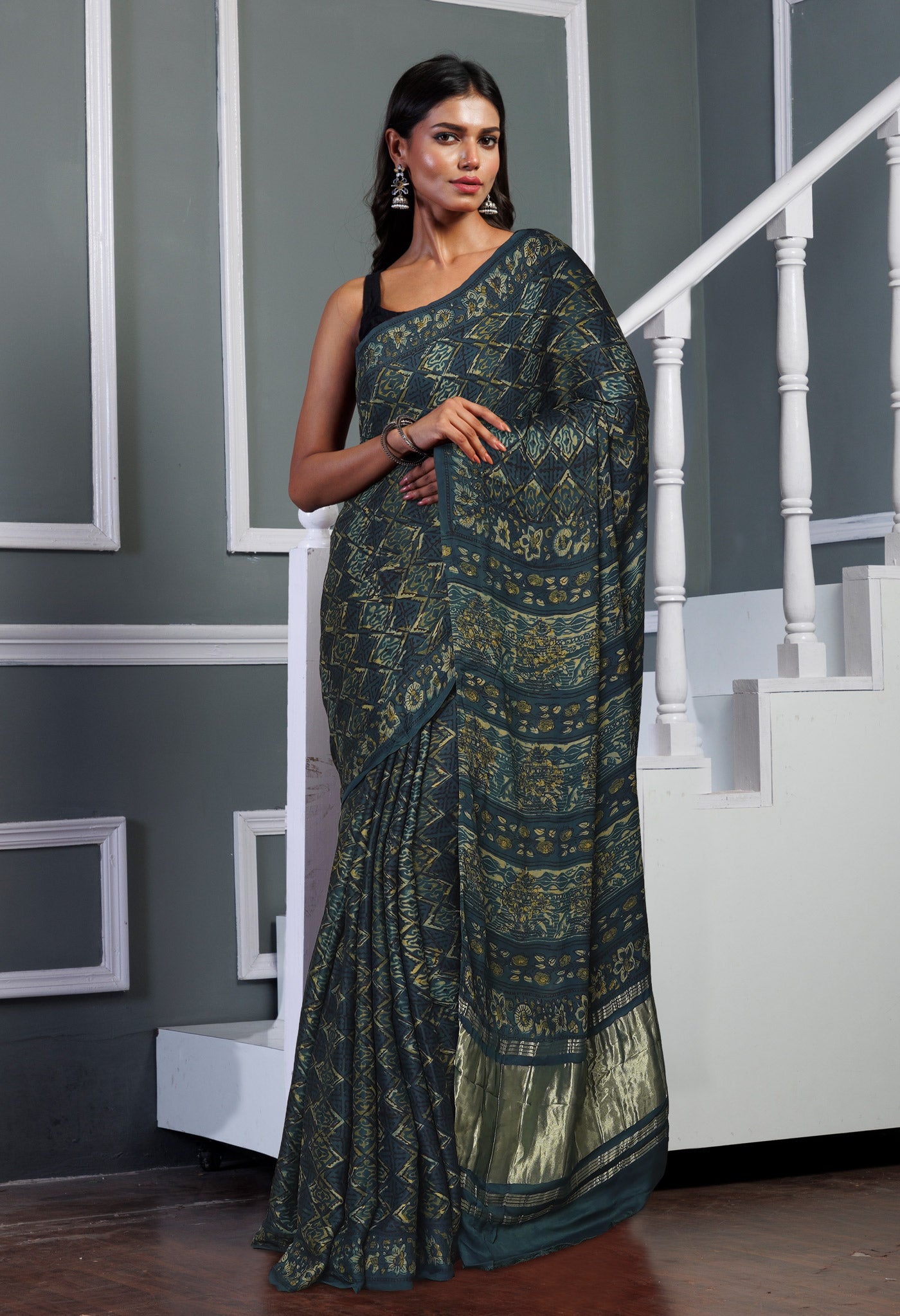 Blue Pure Ajrakh Printed Gaji Soft Silk Saree-UNM81273