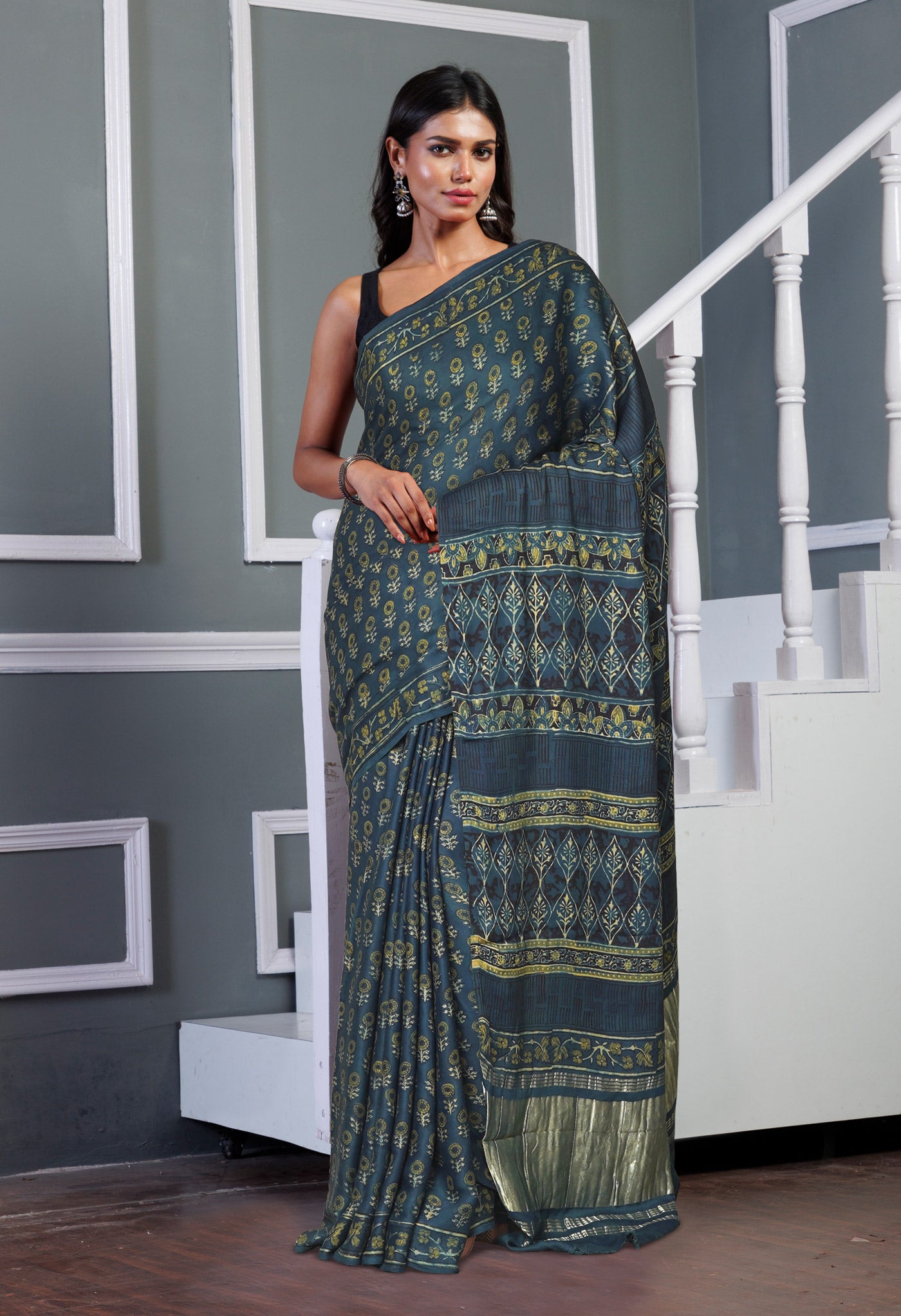 Blue Pure Ajrakh Printed Gaji Soft Silk Saree-UNM81274