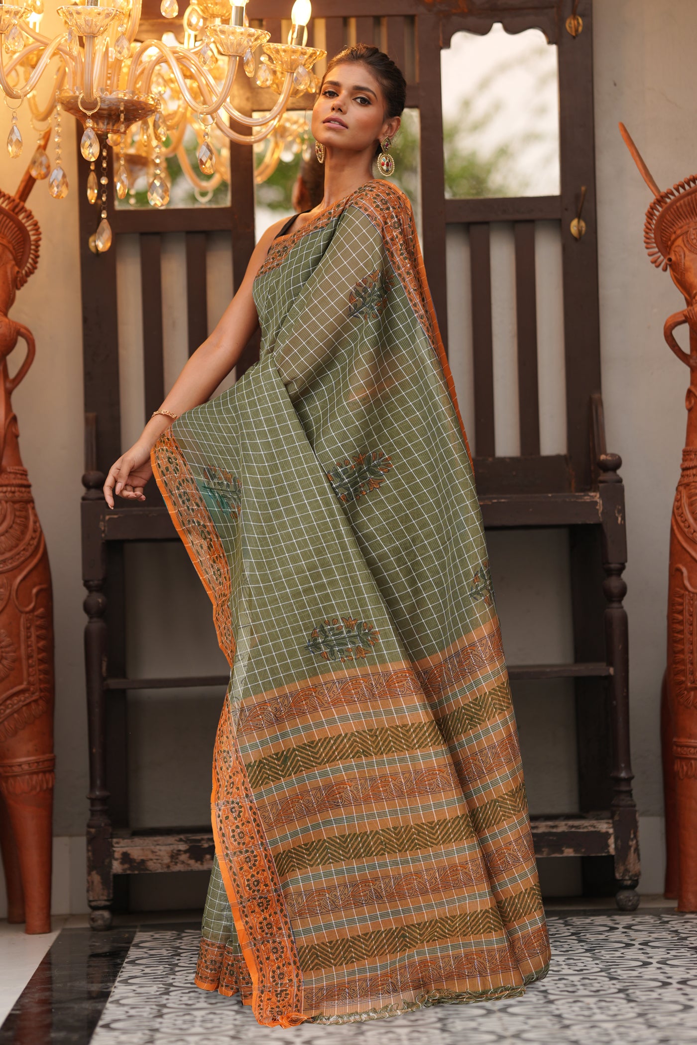 Green Pure Hand Block Printed Mangalgiri Cotton Saree-UNM81277