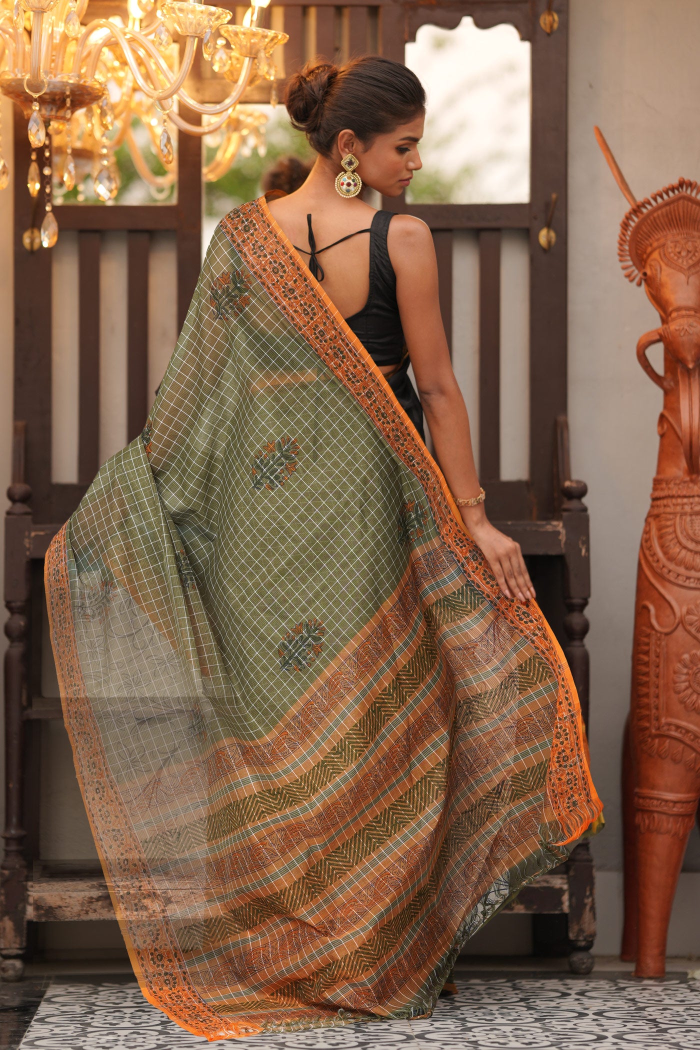 Green Pure Hand Block Printed Mangalgiri Cotton Saree-UNM81277