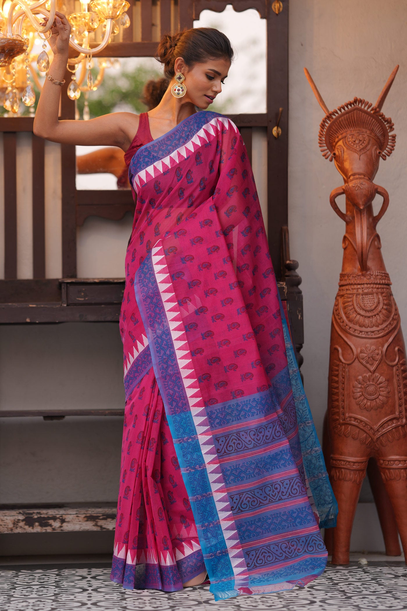 Pink Pure Hand Block Printed Mangalgiri Cotton Saree-UNM81280