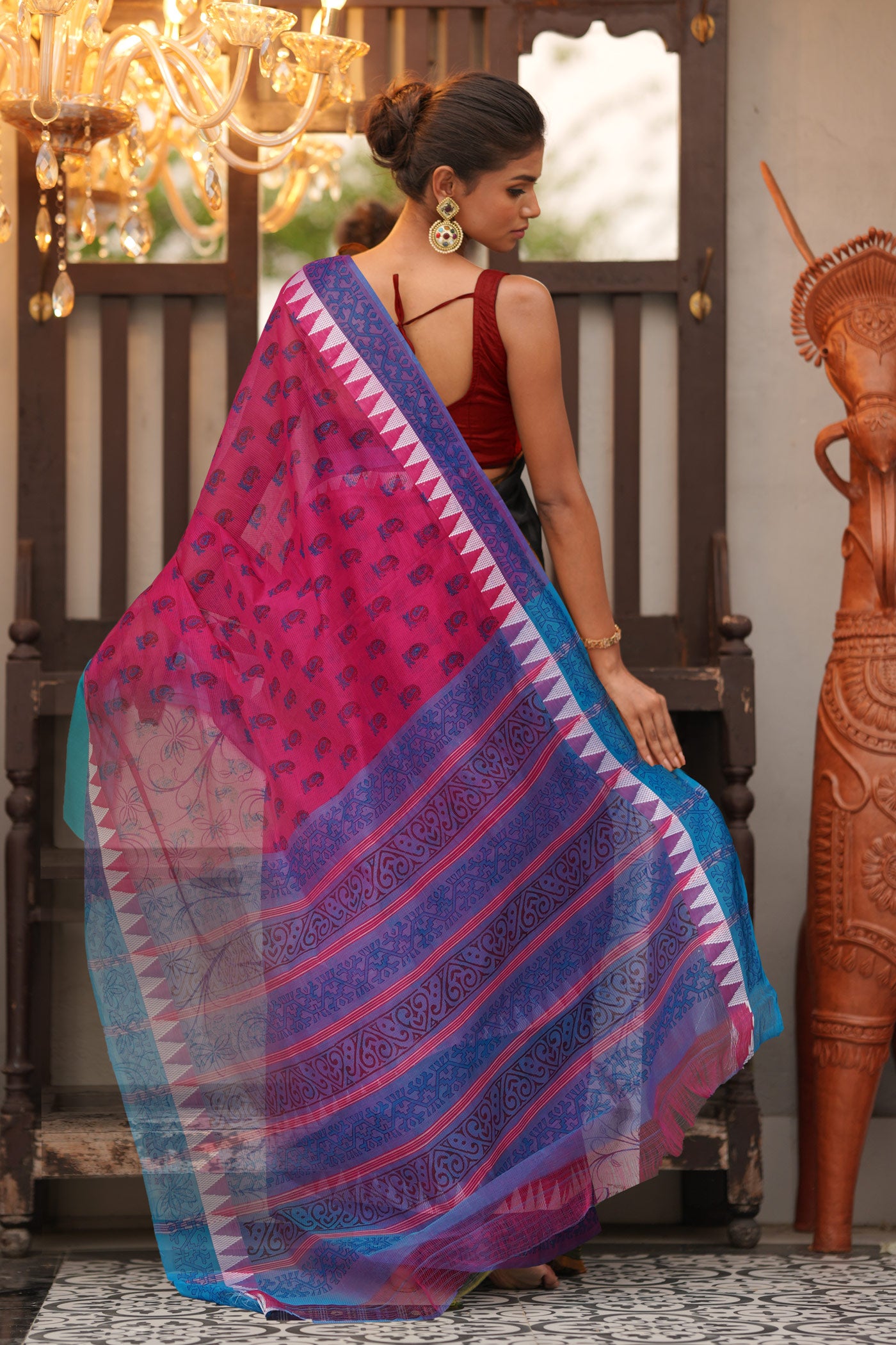 Pink Pure Hand Block Printed Mangalgiri Cotton Saree-UNM81280